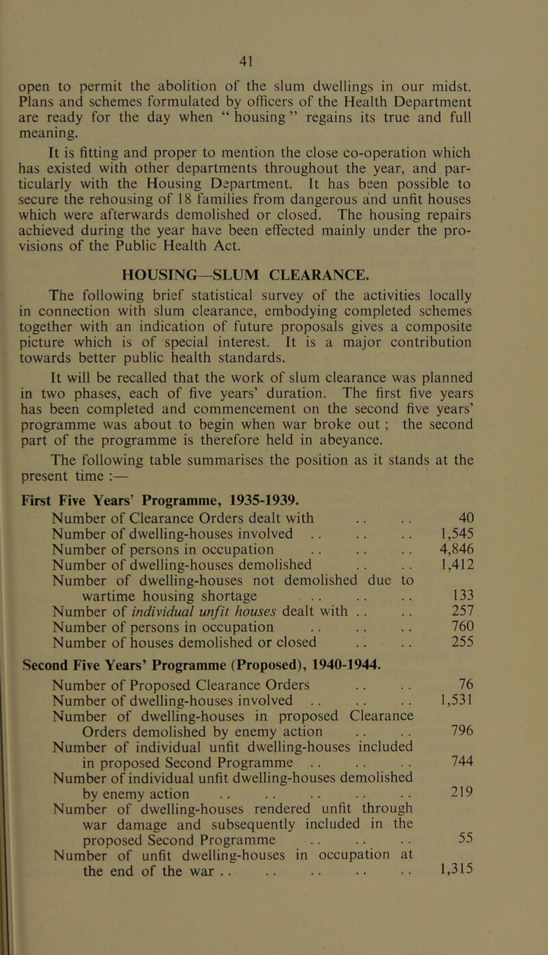 open to permit the abolition of the slum dwellings in our midst. Plans and schemes formulated by officers of the Health Department are ready for the day when “ housing ” regains its true and full meaning. It is fitting and proper to mention the close co-operation which has existed with other departments throughout the year, and par- ticularly with the Housing Department. It has been possible to secure the rehousing of 18 families from dangerous and unfit houses which were afterwards demolished or closed. The housing repairs achieved during the year have been effected mainly under the pro- visions of the Public Health Act. HOUSING—SLUM CLEARANCE. The following brief statistical survey of the activities locally in connection with slum clearance, embodying completed schemes together with an indication of future proposals gives a composite picture which is of special interest. It is a major contribution towards better public health standards. It will be recalled that the work of slum clearance was planned in two phases, each of five years’ duration. The first five years has been completed and commencement on the second five years’ programme was about to begin when war broke out; the second part of the programme is therefore held in abeyance. The following table summarises the position as it stands at the present time :— First Five Years’ Programme, 1935-1939. Number of Clearance Orders dealt with .. .. 40 Number of dwelling-houses involved .. .. .. 1,545 Number of persons in occupation .. .. .. 4,846 Number of dwelling-houses demolished .. .. 1,412 Number of dwelling-houses not demolished due to wartime housing shortage .. .. .. 133 Number of individual unfit houses dealt with .. .. 257 Number of persons in occupation .. .. .. 760 Number of houses demolished or closed .. .. 255 Second Five Years’ Programme (Proposed), 1940-1944. Number of Proposed Clearance Orders .. .. 76 Number of dwelling-houses involved .. .. .. 1,531 Number of dwelling-houses in proposed Clearance Orders demolished by enemy action .. .. 796 Number of individual unfit dwelling-houses included in proposed Second Programme .. .. .. 744 Number of individual unfit dwelling-houses demolished by enemy action .. .. .. .. •• 219 Number of dwelling-houses rendered unfit through war damage and subsequently included in the proposed Second Programme .. .. .. 55 Number of unfit dwelling-houses in occupation at the end of the war .. .. .. . • • • 1,315