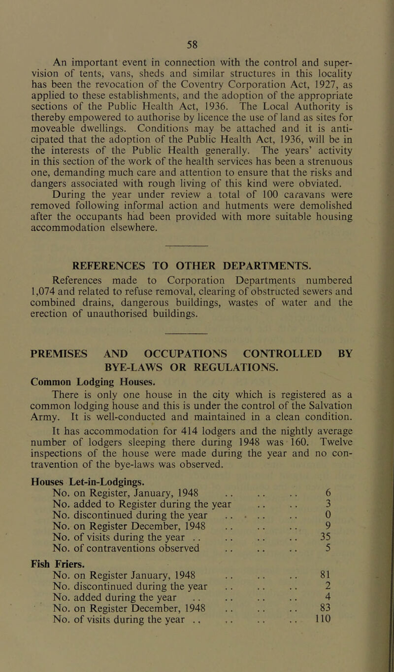 An important event in connection with the control and super- vision of tents, vans, sheds and similar structures in this locality has been the revocation of the Coventry Corporation Act, 1927, as applied to these establishments, and the adoption of the appropriate sections of the Public Health Act, 1936. The Local Authority is thereby empowered to authorise by licence the use of land as sites for moveable dwellings. Conditions may be attached and it is anti- cipated that the adoption of the Public Health Act, 1936, will be in the interests of the Public Health generally. The years’ activity in this section of the work of the health services has been a strenuous one, demanding much care and attention to ensure that the risks and dangers associated with rough living of this kind were obviated. During the year under review a total of 100 caravans were removed following informal action and hutments were demolished after the occupants had been provided with more suitable housing accommodation elsewhere. REFERENCES TO OTHER DEPARTMENTS. References made to Corporation Departments numbered 1,074 and related to refuse removal, clearing of obstructed sewers and combined drains, dangerous buildings, wastes of water and the erection of unauthorised buildings. PREMISES AND OCCUPATIONS CONTROLLED BY BYE-LAWS OR REGULATIONS. Common Lodging Houses. There is only one house in the city which is registered as a common lodging house and this is under the control of the Salvation Army. It is well-conducted and maintained in a clean condition. It has accommodation for 414 lodgers and the nightly average number of lodgers sleeping there during 1948 was 160. Twelve inspections of the house were made during the year and no con- travention of the bye-laws was observed. Houses Let-in-Lodgings. No. on Register, January, 1948 .. .. .. 6 No. added to Register during the year .. .. 3 No. discontinued during the year .. 0 No. on Register December, 1948 .. .. .. 9 No. of visits during the year .. .. .. .. 35 No. of contraventions observed .. .. .. 5 Fish Friers. No. on Register January, 1948 .. .. .. 81 No. discontinued during the year .. .. .. 2 No. added during the year .. .. .. .. 4 No. on Register December, 1948 .. .. .. 83 No. of visits during the year .. .. .. .. 110