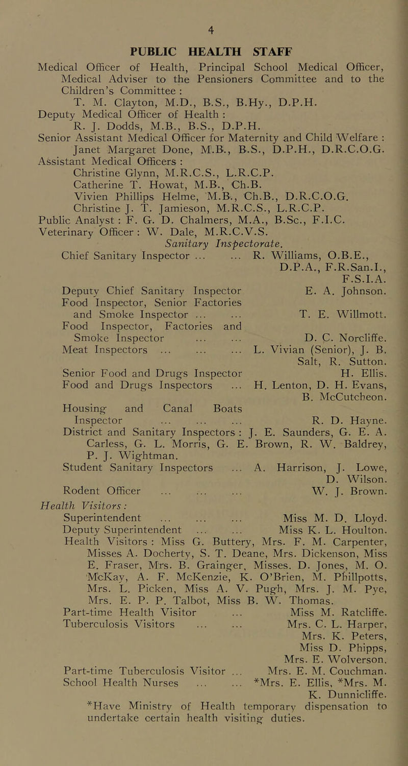 PUBLIC HEALTH STAFF Medical Officer of Health, Principal School Medical Officer, Medical Adviser to the Pensioners Committee and to the Children’s Committee : T. M. Clayton, M.D., B.S., B.Hy., D.P.H. Deputy Medical Officer of Health : R. J. Dodds, M.B., B.S., D.P.H. Senior Assistant Medical Officer for Maternity and Child Welfare : Janet Margaret Done, M.B., B.S., D.P.H., D.R.C.O.G. Assistant Medical Officers ; Christine Glynn, M.R.C.S., L.R.C.P. Catherine T. Howat, M.B., Ch.B. Vivien Phillips Helme, M.B., Ch.B., D.R.C.O.G. Christine J. T. Jamieson, M.R.C.S., L.R.C.P. Public Analyst ; F. G. D. Chalmers, M.A., B.Sc., F.I.C. Veterinary Officer : W. Dale, M.R.C.V.S. Sanitary Inspectorate. Chief Sanitary Inspector ... ... R. Williams, O.B.E., D.P.A., F.R.San.L, F.S.I.A. Deputy Chief Sanitary Inspector Food Inspector, Senior Factories and Smoke Inspector ... Food Inspector, Factories and Smoke Inspector Meat Inspectors Senior Food and Drugs Inspector Food and Drugs Inspectors E. A. Johnson. T. E. Willmott. D. C. Norcliffe. L. Vivian (Senior), J. B. Salt, R. Sutton. H. Ellis. H. Lenton, D. H. Evans, B. McCutcheon. Housing and Canal Boats Inspector ... ... ... R. D. Hayne. District and Sanitary Inspectors : J. E. Saunders, G. E. A. Carless, G. L. Morris, G. E. Brown, R. W. Baldrey, P. J. Wightman. Student Sanitary Inspectors ... A. Harrison, I. Lowe, D. Wilson. Rodent Officer ... ... ... W. J. Brown. Health Visitors: Superintendent Miss M. D. Lloyd. Deputy Superintendent ... ... Miss K. L. Houlton. Health Visitors : Miss G. Buttery, Mrs. F. M. Carpenter, Misses A. Docherty, S. T. Deane, Mrs. Dickenson, Miss E. Fraser, Mrs. B. Grainger. Misses. D. Jones, M. O. McKay, A. F. McKenzie, K. O’Brien, M. Phillpotts, Mrs. L. Picken, Miss A. V. Pugh, Mrs. J. M. Pye, Mrs. E. P. P. Talbot, Miss B. W. Thomas. Part-time Health Visitor ... Miss M. Ratcliffe. Tuberculosis Visitors ... ... Mrs. C. L. Harper, Mrs. K. Peters, Miss D. Phipps, Mrs. E. Wolverson. Part-time Tuberculosis Visitor ... Mrs. E. M. Couchman. School Health Nurses ... ... *Mrs. E. Ellis, *Mrs. M. K. Dunnicliff^e. *Have Ministry of Health temporary dispensation to undertake certain health visiting duties.