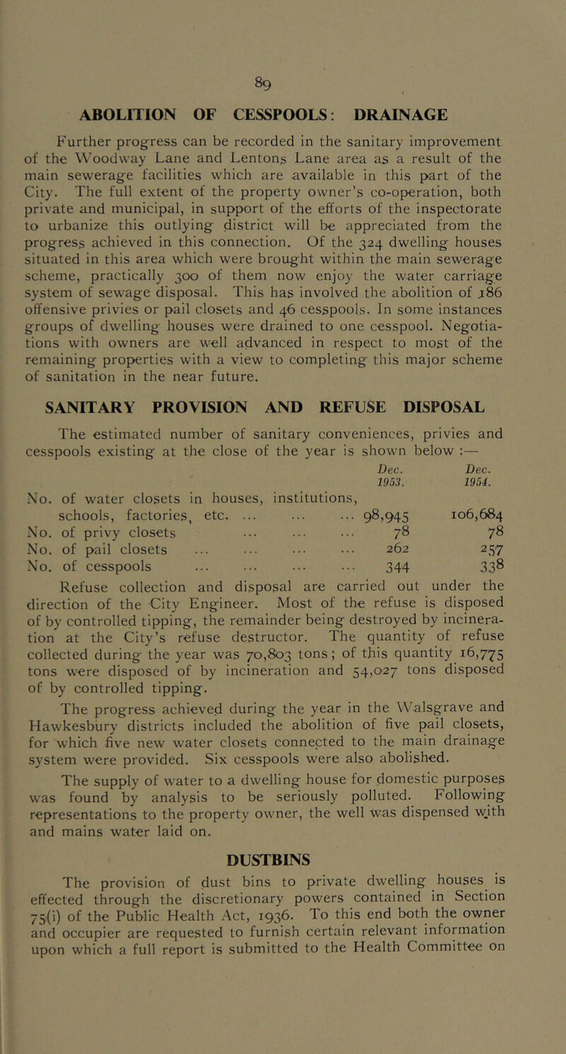 ABOLITION OF CESSPOOLS: DRAINAGE Further prog-ress can be recorded in the sanitary improvement of the Woodway Lane and Lentong Lane area as a result of the main sewerage facilities which are available in this part of the City. The full extent of the property owner’s co-operation, both private and municipal, in support of the efforts of the inspectorate to urbanize this outlying district will be appreciated from the progress achieved in this connection. Of the 324 dwelling houses situated in this area which were brought within the main sewerage scheme, practically 300 of them now enjoy the water carriage system of sewage disposal. This has involved the abolition of .186 offensive privies or pail closets and 46 cesspools. In some instances groups of dwelling houses were drained to one cesspool. Negotia- tions with owners are well advanced in respect to most of the remaining prop>erties with a view to completing this major scheme of sanitation in the near future. SANITARY PROVISION AND REFUSE DISPOSAL The estimated number of sanitary conveniences, privies and cesspools existing at the close of the year is shown below :— Dec. Dec. 1953. 1954. No. of water closets in houses, institutions, schools, factories, etc. ... ... ... 98,945 106,684 No. of privy closets ... ••. •.• 78 78 No. of pail closets ... ... ••• ••• 262 257 No. of cesspools ... ... ... ... 344 338 Refuse collection and disposal are carried out under the direction of the City Engineer. Most of the refuse is disposed of by controlled tipping, the remainder being destroyed by incinera- tion at the City’s refuse destructor. The quantity of refuse collected during the year was 70,803 tons; of this quantity 16,775 tons were disposed of by incineration and 54,027 tons disposed of by controlled tipping. The progress achieved during the year in the Walsgrave and Hawkesbury districts included the abolition of five pail closets, for which five new water closets connected to the main drainage system were provided. Six cesspools were also abolished. The supply of water to a dwelling house for domestic purposes was found by analysis to be seriously polluted. Following representations to the property owner, the well was dispensed wjth and mains water laid on. DUSTBINS The provision of dust bins to private dwelling houses is effected through the discretionary powers contained in Section 75(i) of the Public Health Act, 1936. To this end both the owner and occupier are requested to furnish certain relevant information upon which a full report is submitted to the Health Committee on
