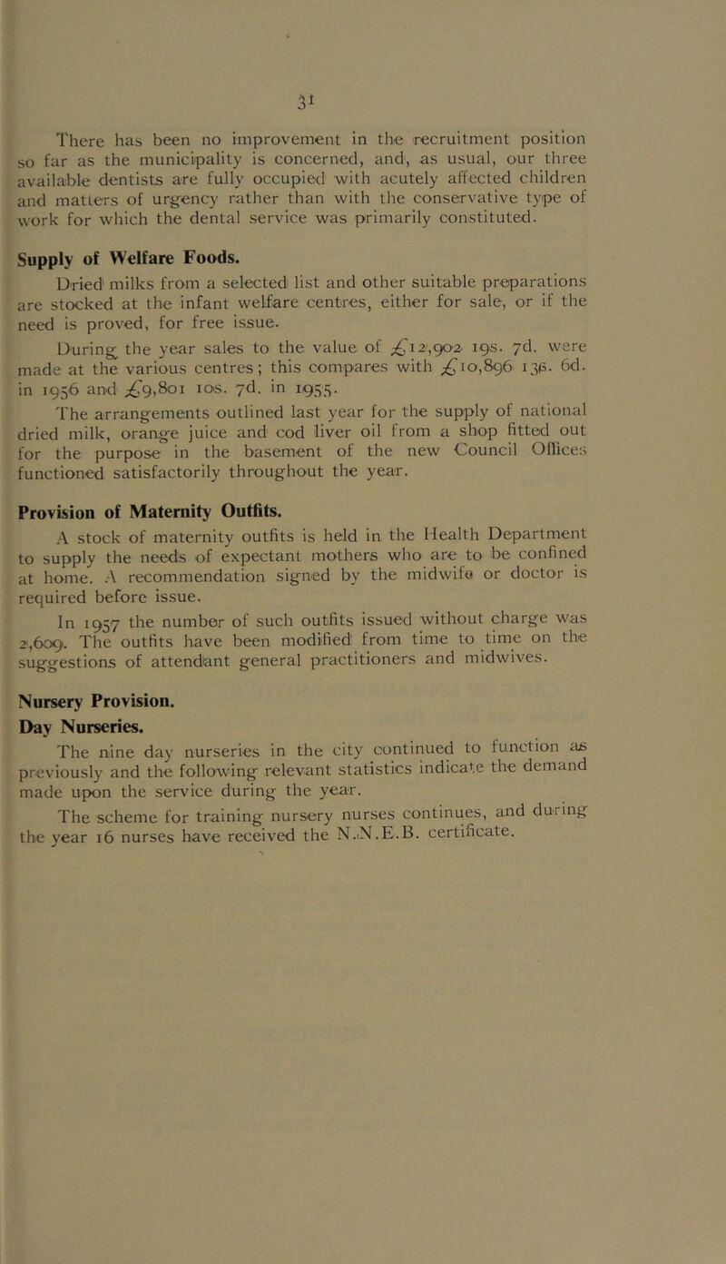 There has been no improvement in the recruitment position so far as the municipality is concerned, and, as usual, our three available dentists are fully occupied with acutely affected children and matters of urgency rather than with the conservative type of work for which the dental service was primarily constituted. Supply of Welfare Foods. Dried milks from a selected list and other suitable preparations are stocked at the infant welfare centres, either for sale, or if the need is proved, for free issue. During the year sales to the value of ;^T2,902. 19s. yd. were made at the various centres; this compares with ;^io,896 13^. 6d. in 1956 and ;^9,8oi los. yd. in 1955. The arrangements outlined last year for the supply of national dried milk, orange juice and cod liver oil from a shop fitted out for the purpose in the basement of the new Council Oflices functioned satisfactorily throughout the year. Provision of Maternity Outfits. A stock of maternity outfits is held in the Health Department to supply the needs of expectant mothers who are to be confined at home. .A recommendation signed by the midwife or doctor is required before issue. In 1957 the number of such outfits issued without charge was 2,609. The outfits have been modified from time to time on the suggestions of attendant general practitioners and midwives. Nursery Provision. Day Nurseries. The nine day nurseries in the city continued to function as previously and the following relevant statistics indicate the demand made upon the service during the year. The scheme for training nursery nurses continues, and during the year 16 nurses have received the N.iN.E.B. certificate.