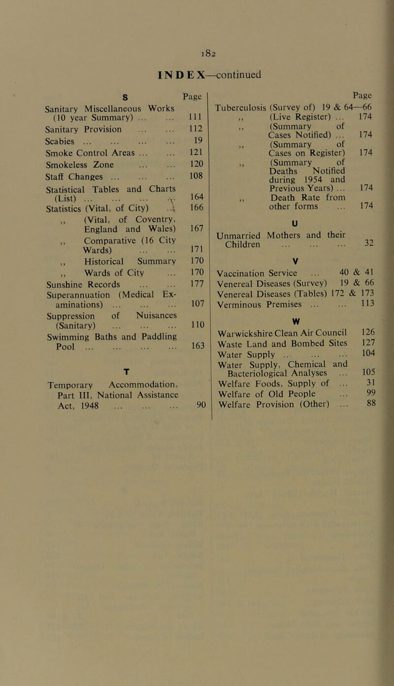 ]82 IN D E X—continued s Page Sanitary Miscellaneous Works (10 year Summary) 111 Sanitary Provision 112 Scabies 19 Smoke Control Areas 121 Smokeless Zone 120 Staff Changes 108 Statistical Tables and Charts (List) ... .y 164 Statistics (Vital, of City) ..i 166 ,, (Vital, of Coventry, England and Wales) 167 ,, Comparative (16 City Wards) 171 ,, Historical Summary 170 ,, Wards of City 170 Sunshine Records 177 Superannuation (Medical Ex- aminations) 107 Suppression of Nuisances (Sanitary) no Swimming Baths and Paddling Pool 163 T Temporary Accommodation, Part III, National Assistance Act, 1948 90 Page Tuberculosis (Survey of) 19 & 64—66 ) y (Live Register) ... 174 y y (Summary of Cases Notified) ... 174 y y (Summary of Cases on Register) 174 y y (Summary of Deaths Notified during 1954 and Previous Years) ... 174 y y Death Rate from other forms 174 U Unmarried Mothers and their 32 Children V Vaccination Service ... 40 & 41 Venereal Diseases (Survey) 19 & 66 Venereal Diseases (Tables) 172 & 173 Verminous Premises 113 W Warwickshire Clean Air Council 126 Waste Land and Bombed Sites 127 Water Supply 104 Water Supply, Chemical and Bacteriological Analyses ... 105 Welfare Foods, Supply of ... 31 Welfare of Old People ... 99 Welfare Provision (Other) ... 88