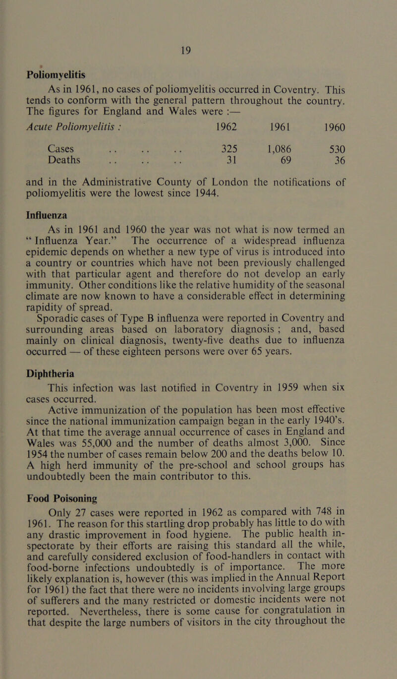 Poliomyelitis As in 1961, no cases of poliomyelitis occurred in Coventry. This tends to conform with the general pattern throughout the country. The figures for England and Wales were :— Acute Poliomyelitis : 1962 1961 1960 Cases 325 1,086 530 Deaths 31 69 36 and in the Administrative County of London the notifications of poliomyelitis were the lowest since 1944. Influenza As in 1961 and 1960 the year was not what is now termed an “ Influenza Year.” The occurrence of a widespread influenza epidemic depends on whether a new type of virus is introduced into a country or countries which have not been previously challenged with that particular agent and therefore do not develop an early immunity. Other conditions like the relative humidity of the seasonal climate are now known to have a considerable effect in determining rapidity of spread. Sporadic cases of Type B influenza were reported in Coventry and surrounding areas based on laboratory diagnosis ; and, based mainly on clinical diagnosis, twenty-five deaths due to influenza occurred — of these eighteen persons were over 65 years. Diphtheria This infection was last notified in Coventry in 1959 when six cases occurred. Active immunization of the population has been most effective since the national immunization campaign began in the early 1940’s. At that time the average annual occurrence of cases in England and Wales was 55,000 and the number of deaths almost 3,000. Since 1954 the number of cases remain below 200 and the deaths below 10. A high herd immunity of the pre-school and school groups has undoubtedly been the main contributor to this. Food Poisoning Only 27 cases were reported in 1962 as compared with 748 in 1961. The reason for this startling drop probably has little to do with any drastic improvement in food hygiene. The public health in- spectorate by their efforts are raising this standard all the while, and carefully considered exclusion of food-handlers in contact with food-borne infections undoubtedly is of importance. The more likely explanation is, however (this was implied in the Annual Report for 1961) the fact that there were no incidents involving large groups of sufferers and the many restricted or domestic incidents were not reported. Nevertheless, there is some cause for congratulation in that despite the large numbers of visitors in the city throughout the