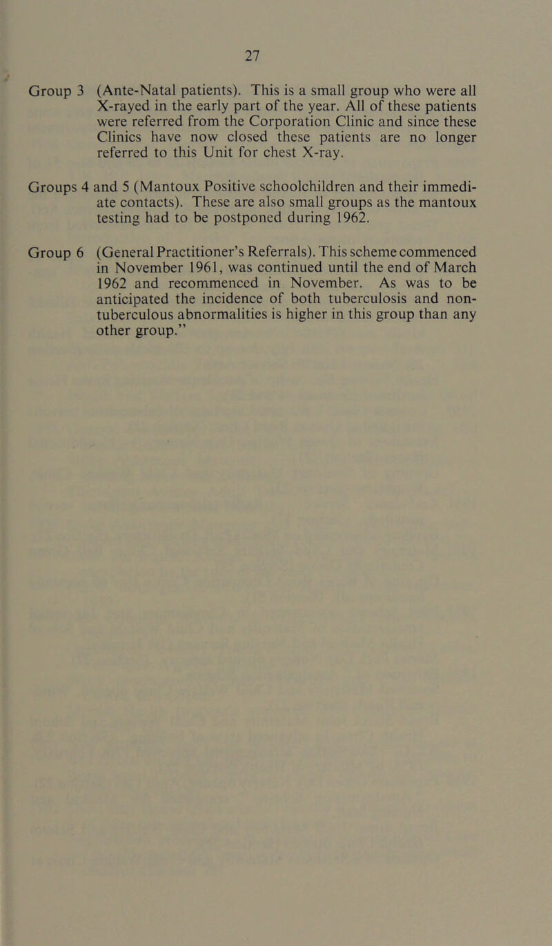 Group 3 (Ante-Natal patients). This is a small group who were all X-rayed in the early part of the year. All of these patients were referred from the Corporation Clinic and since these Clinics have now closed these patients are no longer referred to this Unit for chest X-ray. Groups 4 and 5 (Mantoux Positive schoolchildren and their immedi- ate contacts). These are also small groups as the mantoux testing had to be postponed during 1962. Group 6 (General Practitioner’s Referrals). This scheme commenced in November 1961, was continued until the end of March 1962 and recommenced in November. As was to be anticipated the incidence of both tuberculosis and non- tuberculous abnormalities is higher in this group than any other group.”