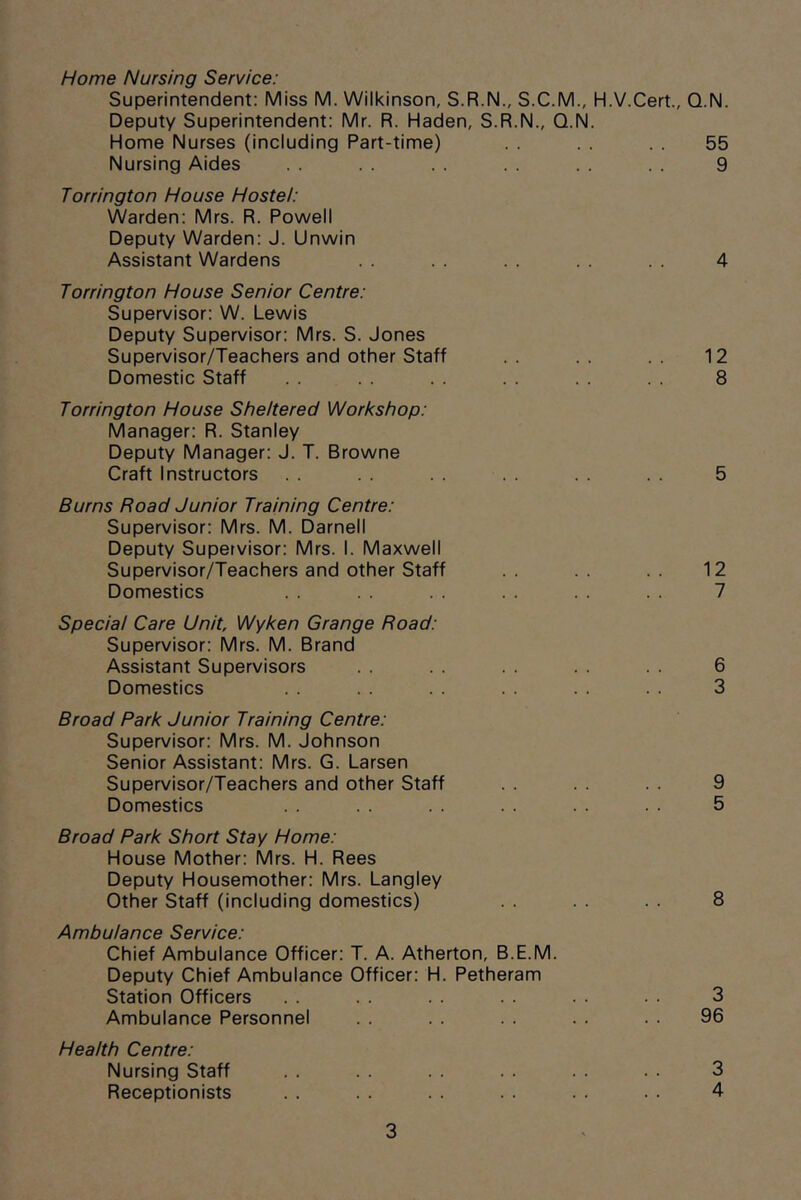 Home Nursing Service: Superintendent: Miss M. Wilkinson, S.R.N., S.C.M., H.V.Cert., Q.N. Deputy Superintendent: Mr. R. Haden, S.R.N., Q.N. Home Nurses (including Part-time) . . . . . . 55 Nursing Aides . . . . . . . . . . . . 9 Torrington House Hostel: Warden: Mrs. R. Powell Deputy Warden: J. Unwin Assistant Wardens . . . . . . . . . . 4 Torrington House Senior Centre: Supervisor: W. Lewis Deputy Supervisor: Mrs. S. Jones Supervisor/Teachers and other Staff . . . . . . 12 Domestic Staff . . . . . . . . . . . . 8 Torrington House Sheltered Workshop: Manager: R. Stanley Deputy Manager: J. T. Browne Craft Instructors . . . . . . . . . . . . 5 Burns Road Junior Training Centre: Supervisor: Mrs. M. Darnell Deputy Supervisor: Mrs. I. Maxwell Supervisor/Teachers and other Staff .. .. .. 12 Domestics . . . . . . . . . . . . 7 Special Care Unit, Wyken Grange Road: Supervisor: Mrs. M. Brand Assistant Supervisors . . . . . . . . . . 6 Domestics . . . . . . . . . . . . 3 Broad Park Junior Training Centre: Supervisor: Mrs. M. Johnson Senior Assistant: Mrs. G. Larsen Supervisor/Teachers and other Staff . . . . . . 9 Domestics . . . . . . . . . . . . 5 Broad Park Short Stay Home: House Mother: Mrs. H. Rees Deputy Housemother: Mrs. Langley Other Staff (including domestics) . . . . . . 8 Ambulance Service: Chief Ambulance Officer: T. A. Atherton, B.E.M. Deputy Chief Ambulance Officer: H. Petheram Station Officers . . . . . . . . . . . . 3 Ambulance Personnel . . . . . . . . . . 96 Health Centre: Nursing Staff . . . . . . . . . . . . 3 Receptionists . . . . . . . . . . . . 4