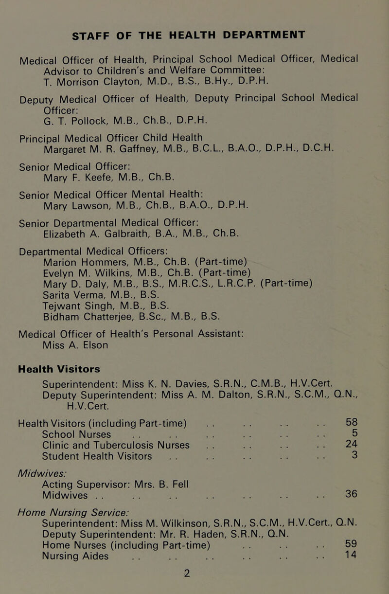 STAFF OF THE HEALTH DEPARTMENT Medical Officer of Health, Principal School Medical Officer, Medical Advisor to Children's and Welfare Committee: T. Morrison Clayton, M.D., B.S., B.Hy., D.P.H. Deputy Medical Officer of Health, Deputy Principal School Medical Officer: G. T. Pollock, M.B., Ch.B., D.P.H. Principal Medical Officer Child Health Margaret M. R. Gaffney, M.B., B.C.L, B.A.O., D.P.H., D.C.H. Senior Medical Officer: Mary F. Keefe, M.B., Ch.B. Senior Medical Officer Mental Health: Mary Lawson, M.B., Ch.B., B.A.O., D.P.H. Senior Departmental Medical Officer: Elizabeth A. Galbraith, B.A., M.B., Ch.B. Departmental Medical Officers: Marion Hommers, M.B., Ch.B. (Part-time) Evelyn M. Wilkins, M.B., Ch.B. (Part-time) Mary D. Daly, M.B., B.S., M.R.C.S., L.R.C.P. (Part-time) Sarita Verma, M.B., B.S. Tejwant Singh, M.B., B.S. Bidham Chatterjee, B.Sc., M.B., B.S. Medical Officer of Health's Personal Assistant: Miss A. Elson Health Visitors Superintendent: Miss K. N. Davies, S.R.N., C.M.B., H.V.Cert. Deputy Superintendent: Miss A. M. Dalton, S.R.N., S.C.M., Q.N., H.V.Cert. Health Visitors (including Part-time) .. .. 58 School Nurses . . 5 Clinic and Tuberculosis Nurses . . 24 Student Health Visitors . . . . • ■ 3 Midwives: Acting Supervisor: Mrs. B. Fell Midwives . . . . . • 36 Home Nursing Service: Superintendent: Miss M. Wilkinson, S.R.N., S.C.M., H.V.Cert., Q.N. Deputy Superintendent: Mr. R. Haden, S.R.N., Q.N. Home Nurses (including Part-time) . . 59 Nursing Aides 14