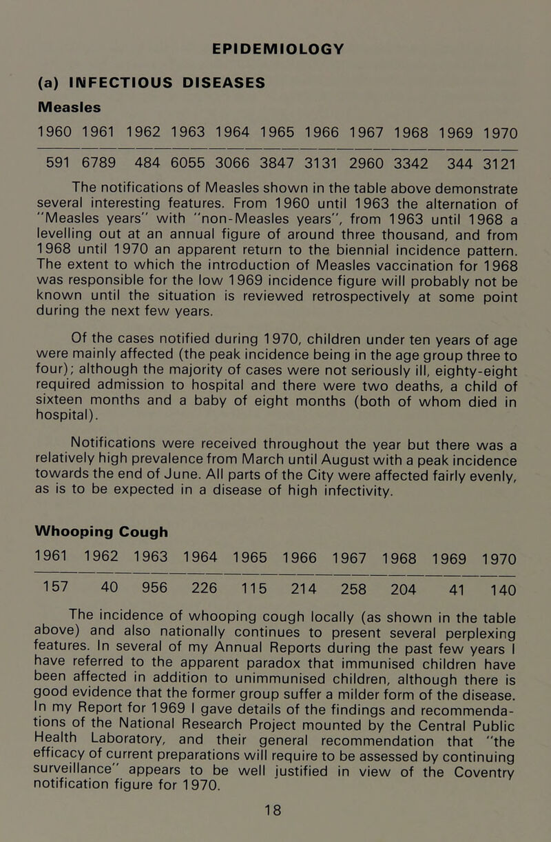 EPIDEMIOLOGY (a) INFECTIOUS DISEASES Measles 1960 1961 1962 1963 1964 1965 1966 1967 1968 1969 1970 591 6789 484 6055 3066 3847 3131 2960 3342 344 3121 The notifications of Measles shown in the table above demonstrate several interesting features. From 1960 until 1963 the alternation of Measles years with non-Measles years, from 1963 until 1968 a levelling out at an annual figure of around three thousand, and from 1968 until 1970 an apparent return to the biennial incidence pattern. The extent to which the introduction of Measles vaccination for 1968 was responsible for the low 1969 incidence figure will probably not be known until the situation is reviewed retrospectively at some point during the next few years. Of the cases notified during 1970, children under ten years of age were mainly affected (the peak incidence being in the age group three to four); although the majority of cases were not seriously ill, eighty-eight required admission to hospital and there were two deaths, a child of sixteen months and a baby of eight months (both of whom died in hospital). Notifications were received throughout the year but there was a relatively high prevalence from March until August with a peak incidence towards the end of June. All parts of the City were affected fairly evenly, as is to be expected in a disease of high infectivity. Whooping Cough 1961 1962 1963 1964 1965 1966 1967 1968 1969 1970 157 40 956 226 115 214 258 204 41 140 The incidence of whooping cough locally (as shown in the table above) and also nationally continues to present several perplexing features. In several of my Annual Reports during the past few years I have referred to the apparent paradox that immunised children have been affected in addition to unimmunised children, although there is good evidence that the former group suffer a milder form of the disease. In my Report for 1969 I gave details of the findings and recommenda- tions of the National Research Project mounted by the Central Public Health Laboratory, and their general recommendation that the efficacy of current preparations will require to be assessed by continuing surveillance appears to be well justified in view of the Coventry notification figure for 1970.