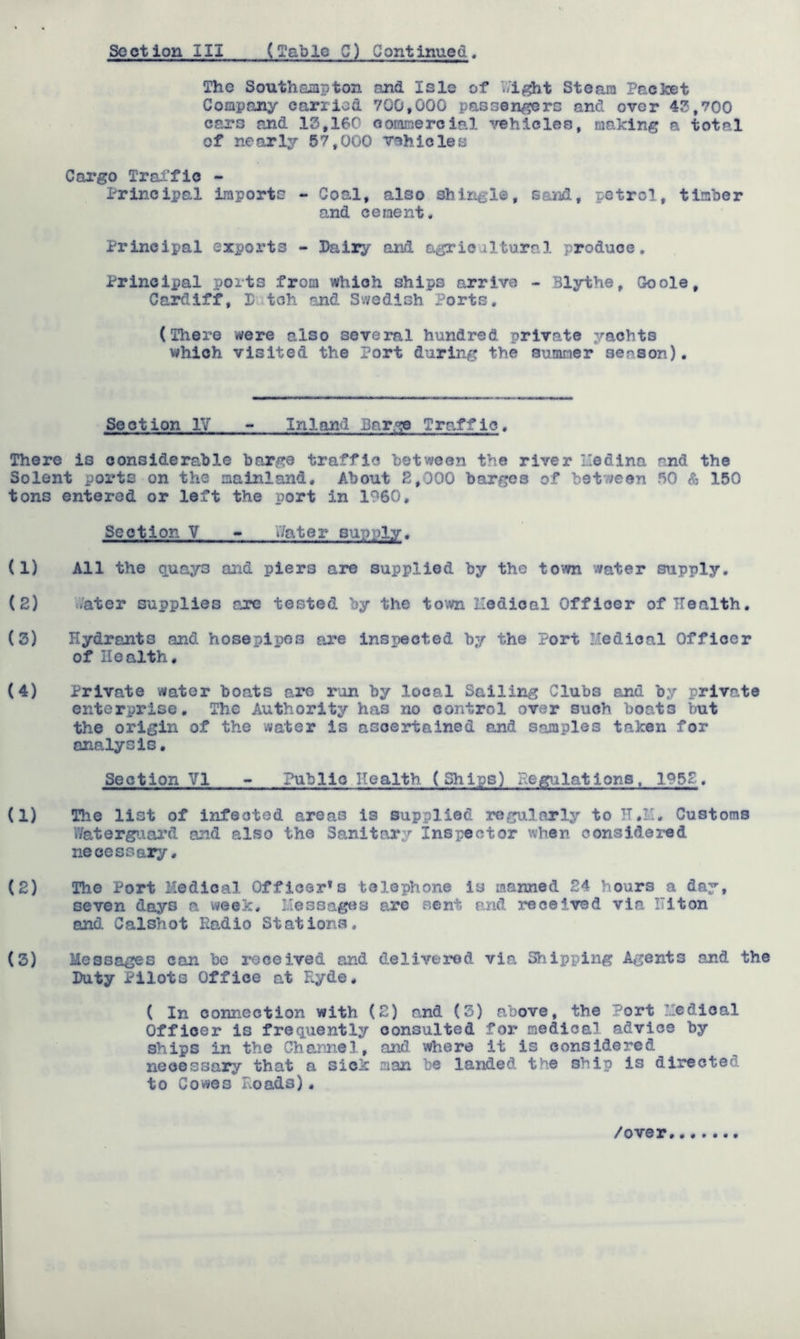 The Southaapton and Isle of V/i^t Steam Paofeet Company carried 700,000 passen^rs and over 43,700 care and 13,160 commercial i^hlcles, making a total of nearly 57,000 vehicles Cargo Trai’fic - Principal imports - Coal, also shingle, sand, petrol, timber and ceraent. Principal exports - Dairy and agricultural produce. Principal ports from which ships arrive - Blythe, Goole, Cardiff, Dutch and Swedish Ports, (There were also several hundred private yachts which visited the Port during the summer senaon). Section IV - Inland BQr;<i!8 Traffic, There is considerable barge traffic between the river Hedina and the Solent ports on the mainland. About E,000 barges of between 50 & 150 tons entered or left the port in 1960, Section V - V/ater supply. (1) All the quays and piers are supplied by the tovm water supply, (2) Vater supplies cjre tested by the town lledical Officer of Health. (3) Hydrants and hosepipes are inspected by the Port Medical Officer of Health, (4) Private water boats are run by local Sailing Clubs and by private enterprise. The Authority has no control over such boats but the origin of the water is ascertained and samples taken for analysis. Section VI - Public Health (Ships) Regulations. 1952. (1) The list of infected areas is supplied regularly to H.M. Customs Waterguard and also the Sanito.ry Inspector when considered necessary. (2) The Port Medical Officer’s telephone is manned 24 hours a day, seven days a week. HessagtJS are sent and received via ITiton and Calshot Radio Stations. (3) Messages can be received and delivered via Shipping Agents and the Duty Pilots Office at Ryde. ( In connection with (2) and (3) above, the Port Medical Officer is frequently consulted for medical advice by ships in the Channel, and where it is considered necessary that a sick man be landed the ship is directed to Cowes Roads).