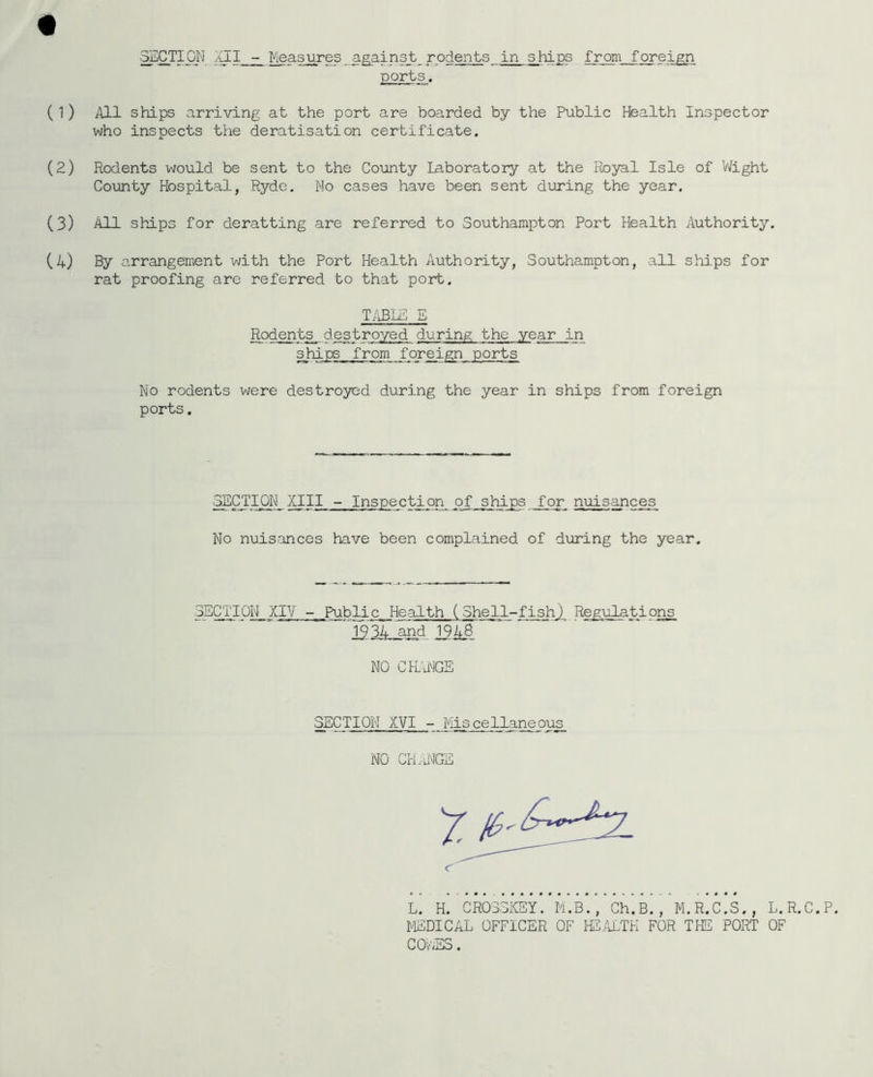 •^CTIpN aII - Measures against rodents in ships from foreign ports. (1) iUl ships arriving at the port are boarded by the Public Health Inspector who inspects the deratisation certificate. (2) Rodents would be sent to the County laboratory at the Pioyal Isle of Wight County Hospital, Ryde. No cases have been sent diiring the year. (3) All shd-ps for deratting are referred to Southampton Port Health Authority. (A) By arrangemient with the Port Health Authority, Southampton, all ships for rat proofing are referred to that port. TilBLS E Rodent^ destroyed during the year in ships from foreign ports No rodents were destroyed during the year in ships from foreign ports. SECTION XIII - Inspection of ships for nuisances No nuisances have been complained of during the year. SECTION XIV - Public Health (Shell-fish) Regulations '193A and 1948 NO CEiNGE SECTION XVI - Mscellaneous NO CHE^IGS <r L. H. CR033KSY. M.B., Ch.B., M.R.C.S., L.R.C.P. MEDICAL OFFICER OF HSiETK FOR THE PORT OF COOES.