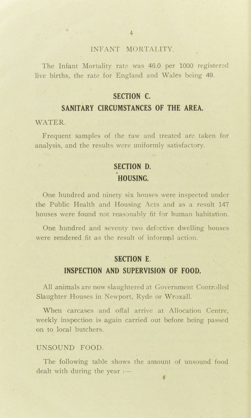 INFANT MORTALITY. The Infant Mortality rate was 46.0 per 1000 registered live births, the rate for England and Wales being 49. SECTION C. SANITARY CIRCUMSTANCES OF THE AREA. WATER. Frequent samples of the raw and treated are taken for analysis, and the results were uniformly satisfactory. SECTION D. HOUSING. One hundred and ninety six houses were inspected under the Public Health and Housing .\cts and as a result 147 houses were found not reasonably fit for human habitation. One hundred and seventy two defective dwelling houses were rendered fit as the result of inform|al action. SECTION E. INSPECTION AND SUPERVISION OF FOOD. All animals are now slaughtered a't Government Controlled Slaughter Houses in Newport, Ryde or Wroxall. When carcases and offal arrive at Allocation Centre, weekly inspection is again carried out before being passed on to local butchers. UNSOUND FOOD. The following table shows the amount of unsound food dealt with during the year :— I