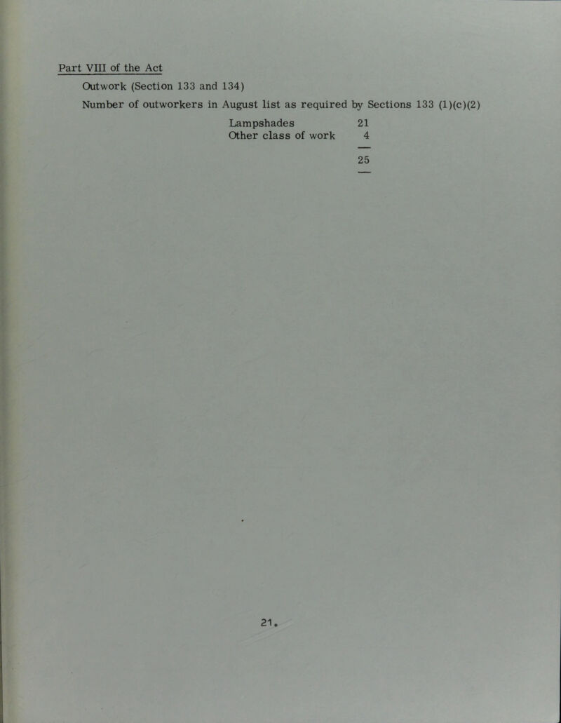 Outwork (Section 133 and 134) Number of outworkers in August list as required by Sections 133 (l)(c)(2) Lampshades 21 Other class of work 4 25
