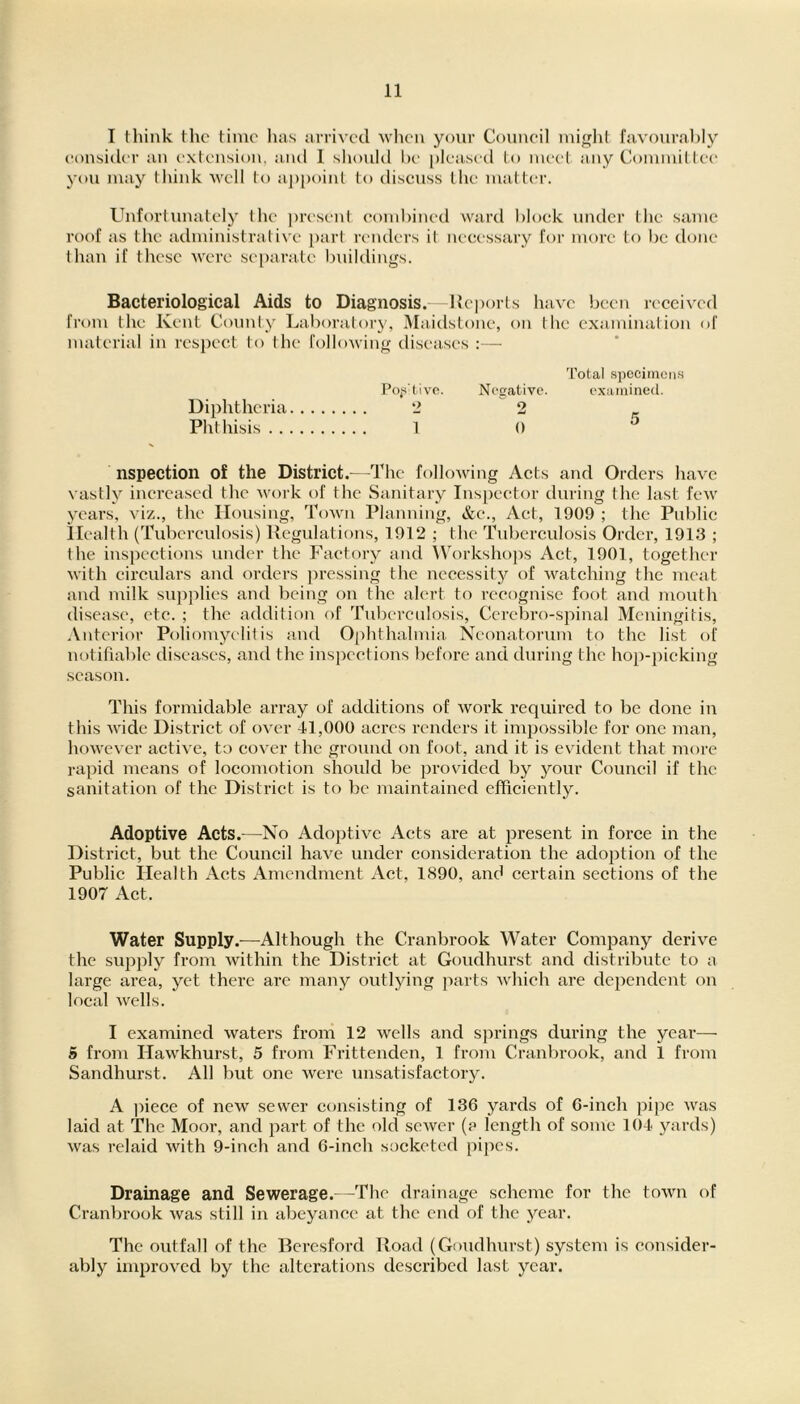 I think tlic tiiuo has arrived wlioii your Council luiffht favoural)ly consider an extension, and 1 sliould l)e |)leased lo ineel any Coniinil lee you may think well to appoint to discuss the matter. Unfortunately the present combined ward block under the same roof as the administrative |)art renders it necessary for more to be done than if these were sei)ara.te buildings. Bacteriological Aids to Diagnosis.—Keports have been received from the Kent County Laboratory, iMaidstone, on the examination of material in respect to the following diseases :— I'otal specimens Po,s't.ivo. Negcativc. examined. Diphtheria 2 2 ^ Phthisis 1 0 nspection oJ the District.—The following Acts and Orders have vastly inereased the Avork of the Sanitary Inspector during the last few years, viz., the Housing, Town Planning, &e.. Act, 1909 ; the Public Health (Tuberculosis) Regulations, 1912 ; the Tid)erculosis Order, 1913 ; the inspections under the I’actory and \Vorkshops Act, 1901, together with circulars and orders pressing the necessity of watching the meat and milk su])plies and being on the alert to recogni.se foot and mouth disease, etc. ; the addition of Tubereidosis, Cerebro-spinal Meningitis, Anterior Poliomyelitis and Ophthalmia. Neonatorum to the list of notifiable diseases, and the inspections before and during the hop-pieking season. This formidable array of additions of work required to be done in this wide District of over 41,000 acres renders it imj)ossiblc for one man, however active, to cover the ground on foot, and it is evident that more rapid means of locomotion should be provided by your Council if the sanitation of the District is to be maintained efficiently. Adoptive Acts.—No Adoptive Acts are at present in force in the District, but the Couneil have under consideration the adoption of the Public Health Acts Amendment Act, 1890, and certain sections of the 1907 Act. Water Supply.^—Although the Cranbrook Water Company derive the srqrply from within the District at Goudhurst and distribute to a large area, yet there are many outlying parts which are dependent on local wells. I examined waters from 12 wells and springs during the year— 5 from Hawkhurst, 5 from Frittenden, 1 from Cranbrook, and 1 from Sandhurst. All but one were unsatisfactory. A piece of new sewer consisting of 136 yards of G-inch pipe was laid at The Moor, and part of the old sewer (a length of some 104 yards) was relaid with 9-inch and G-inch socketed pipes. Drainage and Sewerage.- -The drainage scheme for the town of Cranbrook was still in abeyance at the end of the year. The outfall of the Beresford Road (Gmidhurst) system is consider- ably improved by the alterations described last year.