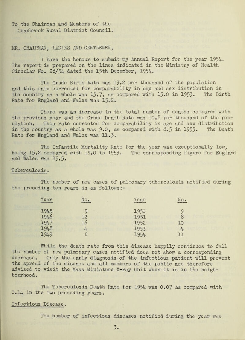 To the Chairman and Members of the Cranbrook Rural District Council. MR. CHAIRMAN, LADIES AND GENTLEMEN, I have the honour to submit my Annual Report for the year 1954* The report is prepared on the lines indicated in the Ministry of Health Circular No. 28/54 dated the 15th December, 1954. The Crude Birth Rate was 13.2 per thousand of the population and this rate corrected for comparability in age and sex distribution in the country as a whole was 13.7, as compared with 15.0 in 1953* The Birth Rate for England and Wales was 15.2. There was an increase in the total number of deaths compared with the previous year and the Crude Death Rate was 10.8 per thousand of the pop- ulation. This rate corrected for comparability in age and sex distribution in the country as a whole was 9.0, as compared with 8.5 in 1953. The Death Rate for England and Wales was 11.3« The Infantile Mortality Rate for the year was exceptionally low, being 15.2 compared with 19.0 in 1953* The corresponding figure for England and Wales was 25.5. Tuberculosis. The number of new cases of pulmonary tuberculosis notified during the preceding ten years is as follows:- Year No. Year No. 1945 9 1950 9 1946 12 1951 8 1947 16 1952 10 1948 4 1953 4 1949 6 1954 11 While the death rate from this disease happily continues to fall the number of new pulmonary cases notified does not show a corresponding decrease. Only the early diagnosis of the infectious patient will prevent the spread of the disease and all members of the public arc therefore advised to visit the Mass Miniature X-ray Unit when it is in the neigh- bourhood. The Tuberculosis Death Rate for 1954 was 0.07 as compared with 0.14 in the two preceding years. Infectious Disease. The number of infectious diseases notified during the year was 3