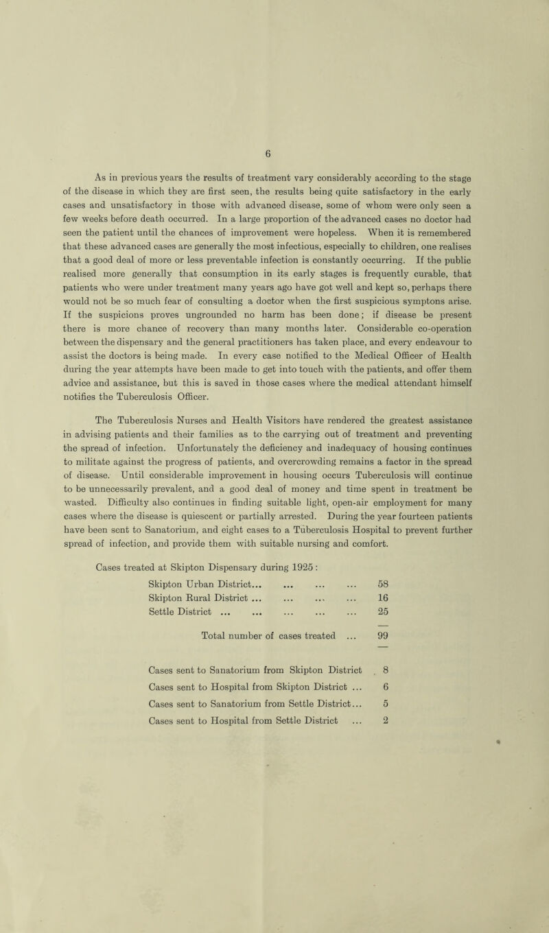 As in previous years the results of treatment vary considerably according to the stage of the disease in which they are first seen, the results being quite satisfactory in the early cases and unsatisfactory in those with advanced disease, some of whom were only seen a few weeks before death occurred. In a large proportion of the advanced cases no doctor had seen the patient until the chances of improvement were hopeless. When it is remembered that these advanced cases are generally the most infectious, especially to children, one realises that a good deal of more or less preventable infection is constantly occurring. If the public realised more generally that consumption in its early stages is frequently curable, that patients who were under treatment many years ago have got well and kept so, perhaps there would not be so much fear of consulting a doctor when the first suspicious symptons arise. If the suspicions proves ungrounded no harm has been done; if disease be present there is more chance of recovery than many months later. Considerable co-operation between the dispensary and the general practitioners has taken place, and every endeavour to assist the doctors is being made. In every case notified to the Medical Officer of Health during the year attempts have been made to get into touch with the patients, and offer them advice and assistance, but this is saved in those cases where the medical attendant himself notifies the Tuberculosis Officer. The Tuberculosis Nurses and Health Visitors have rendered the greatest assistance in advising patients and their families as to the carrying out of treatment and preventing the spread of infection. Unfortunately the deficiency and inadequacy of housing continues to militate against the progress of patients, and overcrowding remains a factor in the spread of disease. Until considerable improvement in housing occurs Tuberculosis will continue to be unnecessarily prevalent, and a good deal of money and time spent in treatment be wasted. Difficulty also continues in finding suitable light, open-air employment for many cases where the disease is quiescent or partially arrested. During the year fourteen patients have been sent to Sanatorium, and eight cases to a Tuberculosis Hospital to prevent further spread of infection, and provide them with suitable nursing and comfort. Cases treated at Skipton Dispensary during 1925: Skipton Urban District... ... ... ... 58 Skipton Rural District ... ... ... ... 16 Settle District ... ... ... ... ... 25 Total number of cases treated ... 99 Cases sent to Sanatorium from Skipton District 8 Cases sent to Hospital from Skipton District ... 6 Cases sent to Sanatorium from Settle District... 5 Cases sent to Hospital from Settle District ... 2