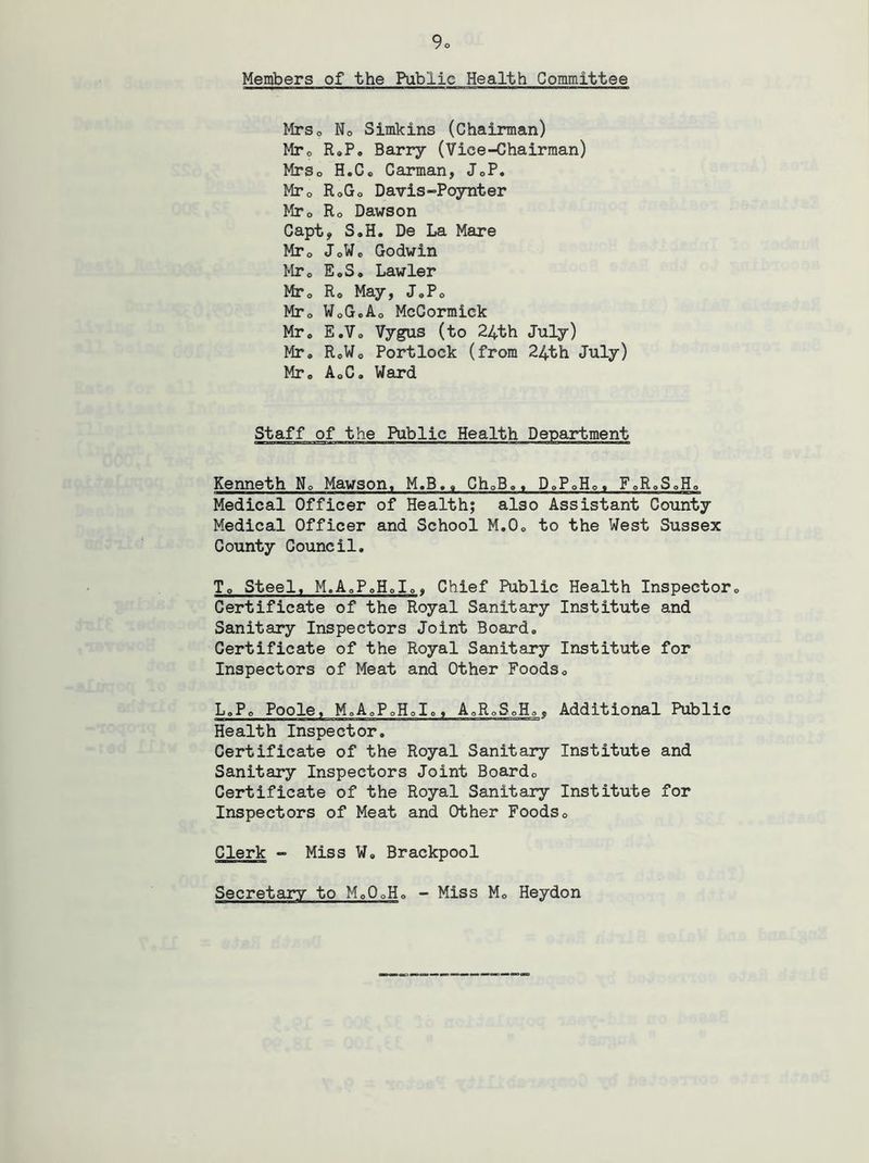 9o Members of the Public Health Committee MrSo No Simkins (Chairman) MTo R.P. Barry (Vice-Chairman) MrSo H.Cc Carman, JoP. MTo RoGo Davis-Poynter Mto Ro Dawson Capt, S.H. De La Mare Mto JoWo Godwin MTo E.S. Lawler MTo Ro May, J.Po Mto WoG.Ao McCormick Mr* E.Vo Vygus (to 24th July) Mr. ReWo Portlock (from 24th July) Mr. AoC. Ward Staff of the Public Health Department Kenneth No Mawson, M.B.. ChoB,. DoPoHe. FoR.SoH. Medical Officer of Health; also Assistant County Medical Officer and School M.O. to the West Sussex County Council. To Steel. M.AoPoH.Io« Chief Public Health Inspector. Certificate of the Royal Sanitary Institute and Sanitary Inspectors Joint Board. Certificate of the Royal Sanitary Institute for Inspectors of Meat and Other Foods. L.Po Poole. MoAoPoH.Io. A.R.S.H.„ Additional Public Health Inspector. Certificate of the Royal Sanitary Institute and Sanitary Inspectors Joint Board. Certificate of the Royal Sanitary Institute for Inspectors of Meat and Other Foods. Clerk - Miss W, Brackpool Secretary to M.OoH. - Miss M. Heydon