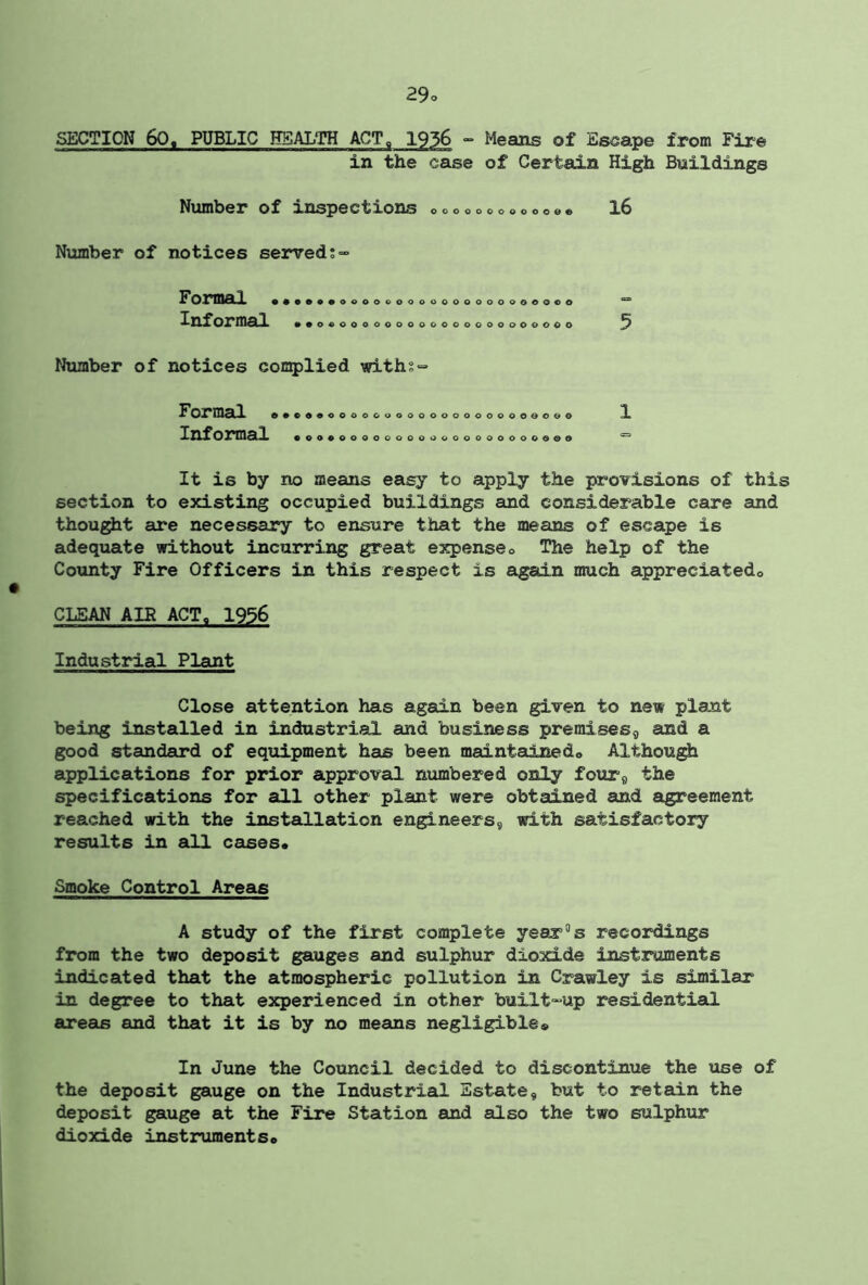 SECTION 60, PUBLIC HEALTH ACTa 1956 - Means of Escape from Fire in the case of Certain High Buildings Number of inspections ooooo00<,oooee 16 Number of notices served Formal , Informal oeoeoooocooooooooooooeoeo • 900000000000000000000000 Number of notices complied with? F orraal o*c*oooooG<,ooooooooooooeooo Informal toacooooooooooooooooooooo 5 1 It is by no means easy to apply the provisions of this section to existing occupied buildings and considerable care and thought are necessary to ensure that the means of escape is adequate without incurring great expenseo The help of the County Fire Officers in this respect is again much appreciated,, CLEAN AIR ACT, 1956 Industrial Plant Close attention has again been given to new plant being installed in industrial and business premises,, and a good standard of equipment has been maintained,. Although applications for prior approval numbered only four9 the specifications for all other plant were obtained and agreement reached with the installation engineers, with satisfactory results in all cases* Smoke Control Areas A study of the first complete year°s recordings from the two deposit gauges and sulphur dioxide instruments indicated that the atmospheric pollution in Crawley is similar in degree to that experienced in other built-up residential areas and that it is by no means negligible® In June the Council decided to discontinue the use of the deposit gauge on the Industrial Estate, but to retain the deposit gauge at the Fire Station and also the two sulphur dioxide instruments*