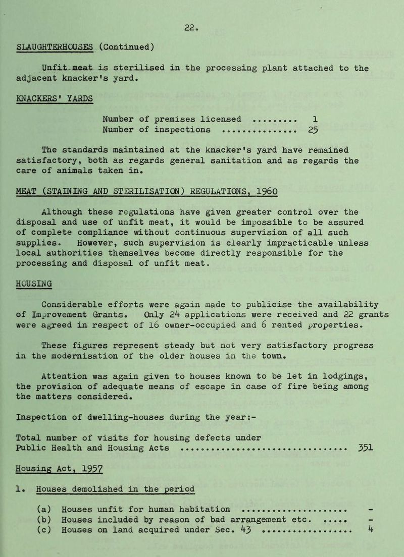 SLAUGHTERHOUSES (Continued) Unfit.meat is sterilised in the processing plant attached to the adjacent knacker's yard. KNACKERS' YARDS Number of premises licensed Number of inspections .... 1 25 The standards maintained at the knacker's yard have remained satisfactory, both as regards general sanitation and as regards the care of animals taken in. MEAT (STAINING AND STERILISATION) REGULATIONS, I960 Although these regulations have given greater control over the disposal and use of unfit meat, it would be impossible to be assured of complete compliance without continuous supervision of all such supplies. However, such supervision is clearly impracticable unless local authorities themselves become directly responsible for the processing and disposal of unfit meat. HOUSING Considerable efforts were again made to publicise the availability of Improvement Grants. Only 24 applications were received and 22 grants were agreed in respect of 16 owner-occupied and 6 rented properties. These figures represent steady but not very satisfactory progress in the modernisation of the older houses in the town. Attention was again given to houses known to be let in lodgings, the provision of adequate means of escape in case of fire being among the matters considered. Inspection of dwelling-houses during the year:- Total number of visits for housing defects under Public Health and Housing Acts 351 Housing Act, 1957 1. Houses demolished in the period (a) Houses unfit for human habitation (b) Houses included by reason of bad arrangement etc (c) Houses on land acquired under Sec. 43 4