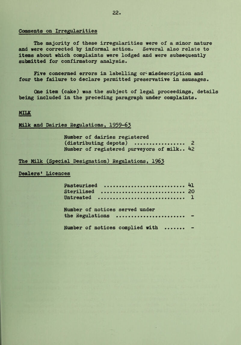 Conunents on Irregularities The majority of these irregularities were of a minor nature and were corrected by informal action. Several also relate to items about which complaints were lodged and were subsequently submitted for confirmatory analysis. Five concerned errors in labelling or*misdescription and four the failure to declare permitted preservative in sausages. One item (cake) was the subject of legal proceedings, details being included in the preceding paragraph under complaints. MILK Milk and Dairies Regulations, 1939-63 Number of dairies registered (distributing depots) 2 Number of registered purveyors of milk.. 42 The Milk (Special Designation) Regulatioixs, 1963 Dealers' Licences Pasteurised 4l Sterilised 20 Untreated 1 Number of notices served under the Regulations Number of notices complied with