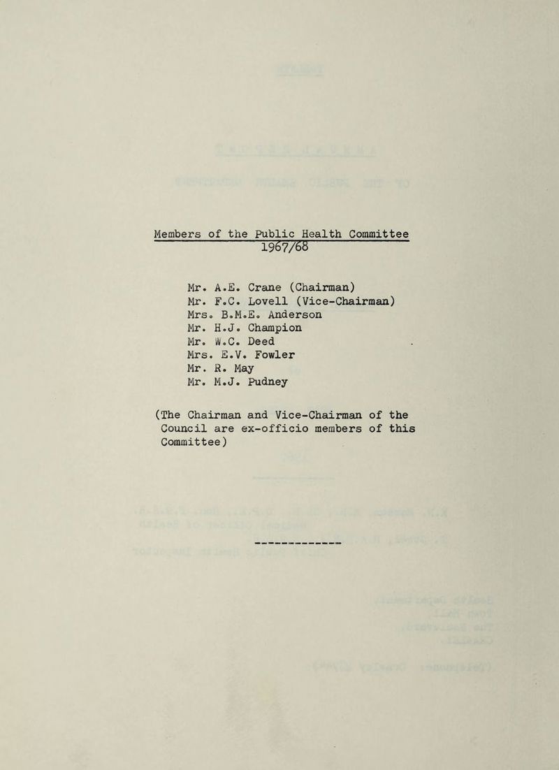 Members of the Public Health Conimittee I967/6S Mr. A.E. Crane (Chairman) Mr. F.C. Lovell (Vice-Chairman) Mrs. B.M.E. Anderson Mr. H.J. Champion Mr. taV.C. Deed Mrs. E.V. Fowler Mr. R. May Mr. M.J. Pudney (The Chairman and Vice-Chairman of the Council are ex-officio members of this Committee)