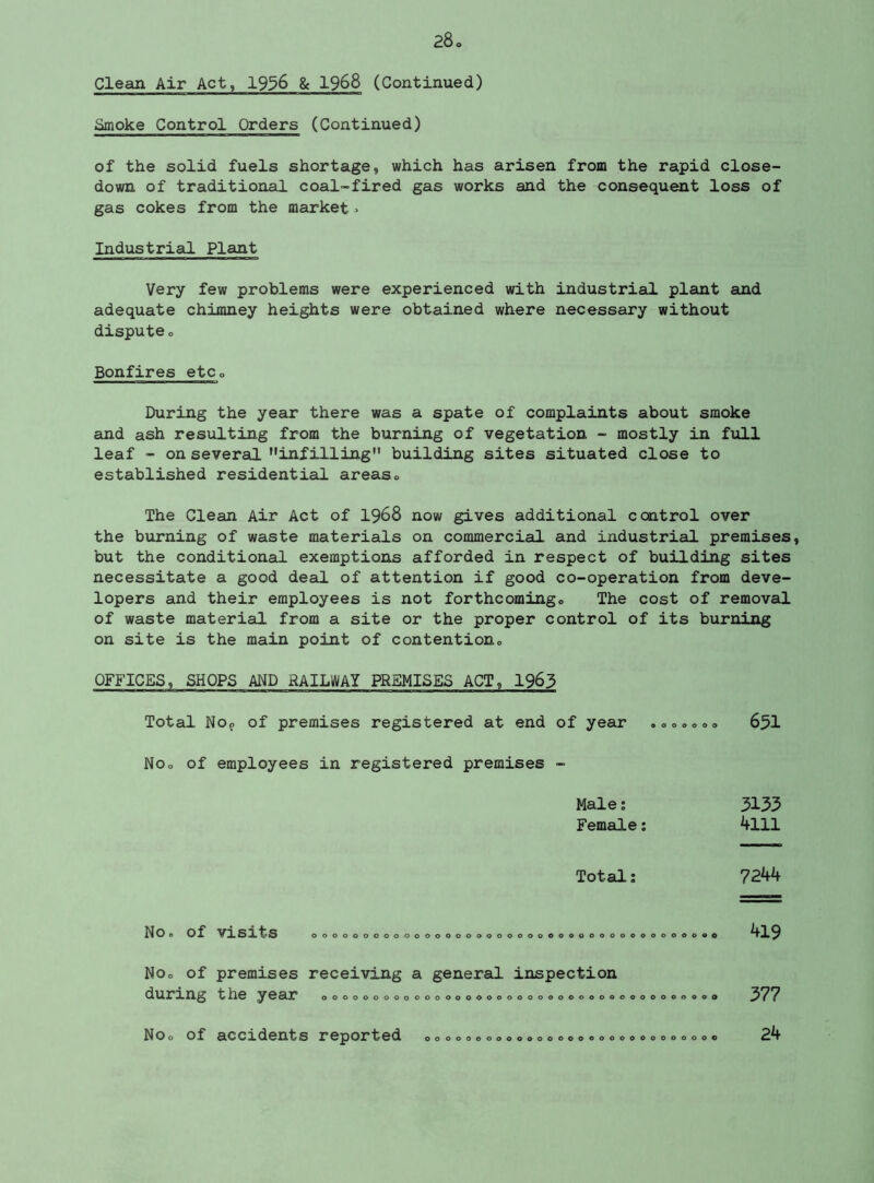 Clean Air Act, 19^6 & 1968 (Continued) Smoke Control Orders (Continued) of the solid fuels shortage, which has arisen from the rapid close- down of traditional coal-fired gas works and the consequent loss of gas cokes from the market > Industrial Plant Very few problems were experienced with industrial plant and adequate chimney heights were obtained where nacessary without dispute o Bonfires etCo During the year there was a spate of complaints about smoke and ash resulting from the burning of vegetation - mostly in full leaf “ on several infilling building sites situated close to established residential areaso The Clean Air Act of 1968 now gives additional ccaatrol over the burning of waste materials on commercial and industrial premises, but the conditional exemptions afforded in respect of building sites necessitate a good deal of attention if good co-operation from deve- lopers and their employees is not forthcomingo The cost of removal of waste material from a site or the proper control of its burning on site is the main point of contentiono OFFICES, SHOPS AND RAILWAY PREMISES ACT, 1963 Total NOf of premises registered at end of year ,oooo<,o 651 Noo of employees in registered premises - Male; 3133 Female; 4lll Total: 7244 Noe of visits OOOOOOOOOOOOOOOOOOOOOOOOOOOOOOOOOOOOOOOO 419 Noo of premises during the year receiving a general inspection ooooooooooooooooooooooooooooooooooo O o 377 24 Noo of accidents reported OOOOOOOOOOOOOOOOOOOOOOOOOOOOO