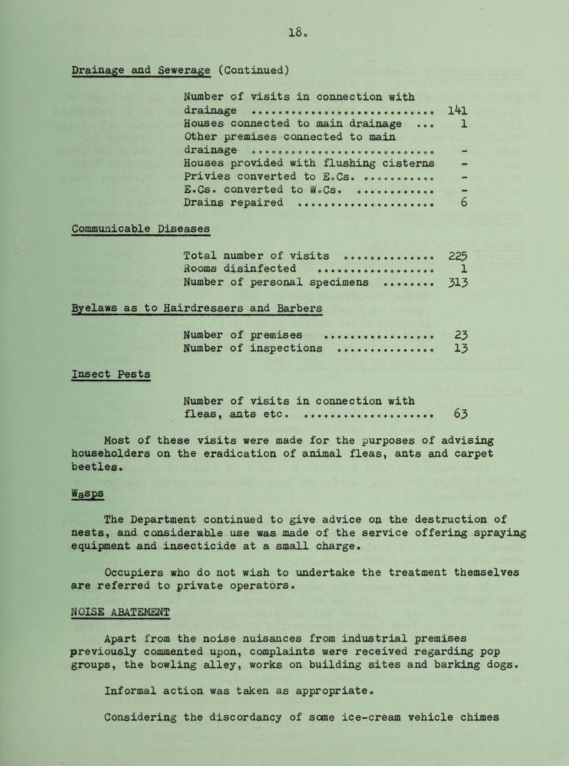 Drainage and Sewerage (Continued) Number of visits in connection with drainage Ikl Houses connected to main drainage ... 1 Other premises connected to main dra*l nage oo»oeooooa«eo«o*««o«o4eo«Aoo Houses provided with flushing cisterns Privies converted to E.Cs. E.Cs. converted to WoCs Drains repaired 6 Communicable Diseases Total number of visits 225 Rooms disinfected 1 Number of personal specimens 513 Byelaws as to Hairdressers and Barbers Nxunber of premises 23 Number of inspections 13 Insect Pests Number of visits in connection with fleas, ants etc 63 Most of these visits were made for the purposes of advising householders on the eradication of animal fleas, ants and carpet beetles. Wasps The Department continued to give advice on the destruction of nests, and considerable use was made of the service offering spraying equipment and insecticide at a small charge. Occupiers who do not wish to undertake the treatment themselves are referred to private operators. NOISE ABATEMENT Apart from the noise nuisances from industrial premises previously commented upon, complaints were received regarding pop groups, the bowling alley, works on building sites and barking dogs. Informal action was taken as appropriate. Considering the discordancy of some ice-cream vehicle chimes