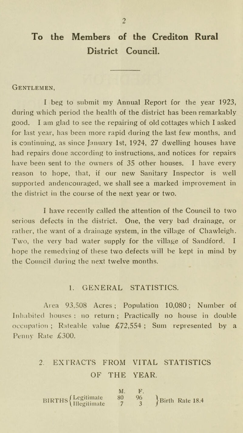 To the Members of the Crediton Rural District Council. Gentlemen, I befi to submit my Annual Report for the year 1923, during which period the health of the district has been remarkably good. I am glad to see the repairing of old cottages which I asked for last year, has been more rapid during the last few months, and is continuing, as since January 1st, 1924, 27 dwelling houses have had repairs done according to instructions, and notices for repairs have been sent to tlie owners of 35 other houses. I have every reason to hope, that, if our new Sanitary Inspector is well supported andencouraged, we shall see a marked improvement in the district in the course of the next year or two. I have recently called the attention of the Council to two serious defects in the district. One, the very bad drainage, or rather, the want of a drainage system, in the village of Chawleigh. Two, the very bad water supply for the village of Sandford. I hope the remedying of these two defects will be kept in mind by the Council during the next twelve months. 1. GENERAL STATISTICS. Area 93,508 Acres ; Population 10,080 ; Number of Inliabited houses : uo return ; Practically no house in double occupation ; Rateable value £72,554 ; Sum represented by a Penny Rate £300. 2. EXl'RACTS FROM VITAL STATISTICS OF THE YEAR. M. 80 7 F. 96 3 j-nirtli Rate 18.4