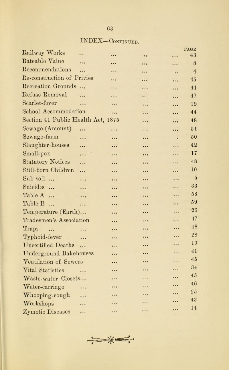 G3 INDEX—Continued. Railway Works .. ... _ rA°3 Rateable Value ... ... t>i g Recommendations ... ... ... 4 Re-construction of Privies ... ... __ 45 Recreation Grounds ... ... ... __ 44 Refuse Removal ... ... ... 47 Scarlet-fever ... ... ... ... 19 School Accommodation ... ... ... 44 Section 41 Public Healtli Act, 1875 ... ... 48 Sewage (Amount) ... ... ... ... 54 Sewage-farm ... ... ... . . 50 Slaughter-houses ... ... ... ... 42 Small-pox ... ... ... ... 17 Statutory Notices ... ... ... ... 48 Still-born Children ... ... ... ... 10 Sub-soil ... ... ... ... ... 5 Suicides ... ... ... ••• 33 TabloA ... ... ... ... 58 Table B ... ... ... ... ••• 59 Temperature (Earth)... ... ... 26 Tradesmen’s Association ... ... ^7 Traps ... ... ... ... ^ Typhoid-fever Uncertified Deaths ... ... Underground Bakehouses Ventilation of Sewers Vital Statistics Waste-water Closets... Water-carriage 25 Whooping-cough Workshops ••• Zymotic Diseases