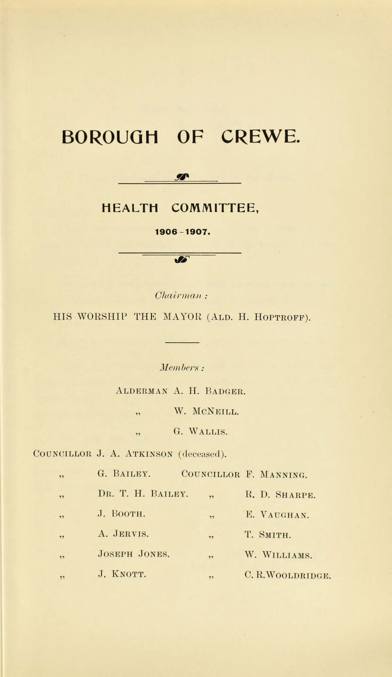 BOROUGH OF CREWE HEALTH COMMITTEE, 1906-1907. xfJ> Chairman : HIS WORSHIP THE MAYOR (Ald. H. Hoptroff). Members : Alderman A. II. Badger. „ W. McNeill. „ G. Wallis. Councillor 11 11 J. A. Atkinson (deceased). G. Bailey. Councillor F. Manning. Dr. T. H. Bailey. 11 R. D. Sharpe J. Booth. 11 E. Vaughan. A. Jervis. 11 T. Smith. Joseph Jones. 1i W. Williams. 11 J. Knott. C. R.Wooldridge.