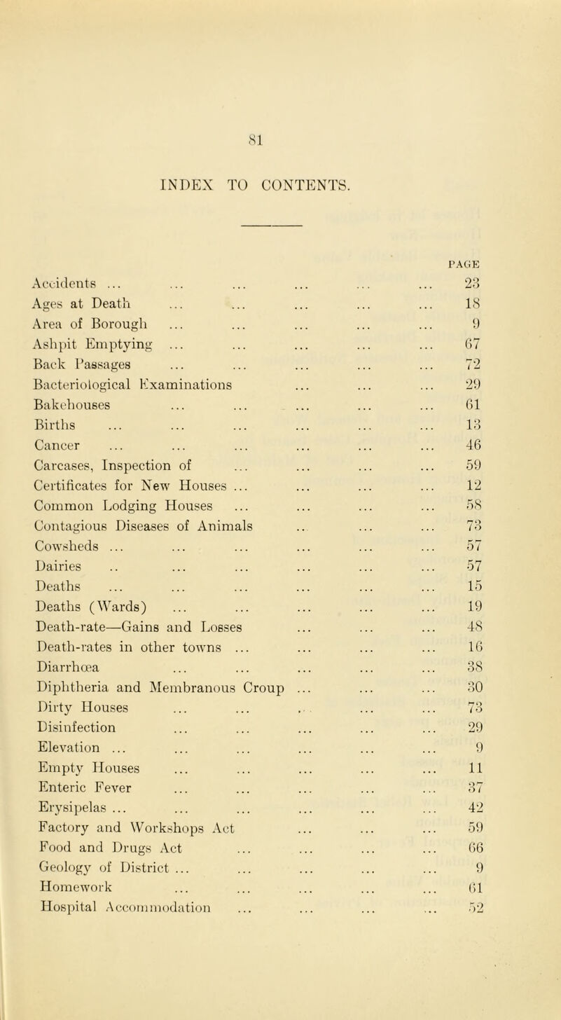 INDEX TO CONTENTS. Accidents ... Ages at Death Area of Borough Ashpit Emptying Back Passages Bacteriological Examinations Bakehouses Births Cancer Carcases, Inspection of Certificates for New Houses ... Common Lodging Houses Contagious Diseases of Animals Cowsheds ... Dairies Deaths Deaths (Wards) Death-rate—Gains and Losses Death-rates in other towns ... Diarrhoea Diphtheria and Membranous Croup Dirty Houses Disinfection Elevation ... Empty Houses Enteric Fever Erysipelas ... Factory and Workshops Act Food and Drags Act Geology of District ... Homework Hospital Accommodation PAGE 23 18 9 67 72 29 61 13 46 59 12 58 57 57 15 19 48 16 38 30 r-TQ to 29 9 11 37 42 59 66 9 61 52