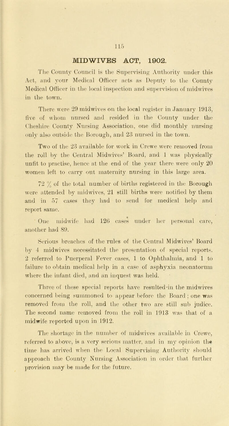 MIDWIVES ACT, 1902. The County Council is the Supervising Authority under this Act, and your Medical Officer acts as Deputy to the County Medical Officer in the local inspection and supervision of midwives in the town. There were 29 midwives on the local register in January 1913, live of whom nursed and resided in the County under the Cheshire County Nursing Association, one did monthly nursing only also outside the Borough, and 23 nursed in the town. Two of the 23 available for work in Crewe were removed from the roll by the Central Midwives’ Board, and 1 was physically unlit, to practise, hence at the end of the year there were only 20 women left to carry out maternity nursing in this large area. 72 % of the total number of births registered in the Borough were attended by midwives, 21 still births were notified by them and in 57 cases they had to send for medical help and report same. One midwife had 120 cases under her personal care, another had 89. Serious breaches of the rules of the Central Mid wives’ Board by 4 mid wives necessitated the presentation of special reports. 2 referred to Puerperal Fever cases, 1 to Ophthalmia, and 1 to failure to obtain medical help in a case of asphyxia neonatorum where the infant died, and an inquest was held. Three of these special reports have resulted-in the mid wives concerned being summoned to appear before the Board ; one was removed from the roll, and the other two are still sub judice. The second name removed from the roll in 1913 was that of a midwife reported upon in 1912. The shortage in the number of midwives available in Crewe, referred to above, is a very serious matter, and in my opinion the time has arrived when the Local Supervising Authority should approach the County Nursing Association in order that further provision may be made for the future.