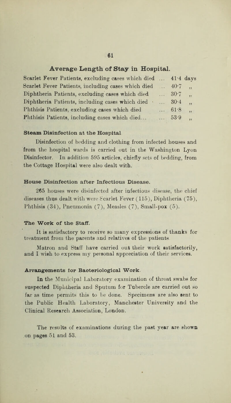 Average Length of Stay in Hospital. Scarlet Fever Patienta, excluding cases which died Scarlet Fever Patients, including cases which died Diphtheria Patients, excluding cases which died Diphtheria Patients, including cases which died • Phthisis Patients, excluding cases which died Phthisis Patients, including cases which died... 41-4 40-7 days 30-7 30-4 61-8 53-9 n Steam Disinfection at the Hospital Disinfection of bedding and clothing from infected houses and from the hospital wards is carried out in the Washington Lyon Disinfector. In addition 595 articles, chiefly sets of bedding, from the Cottage Hospital were also dealt with. House Disinfection after Infectious Disease. 265 houses were disinfected after infectious disease, the chief diseases thus dealt with were Scarlet Fever (115), Diphtheria (75), Phthisis (34), Pneumonia (7), Measles (7), Small-pox (5). The Work of the Staff. It is satisfactory to receive so many expressions of thanks for treatment from the parents and relatives of the patients Matron and Staff have carried out their work satisfactorily, and I wish to express my personal appreciation of their services. Arrangements lor Bacteriological Work. In the Municipal Laboratory examination of throat swabs for suspected Diphtheria and Sputum for Tubercle are carried out so far as time permits this to be done. Specimens are also sent to the Public Health Laboratory, Manchester University and the Clinical Research Association, London. The results of examinations during the past year are shown on pages 51 and 53.