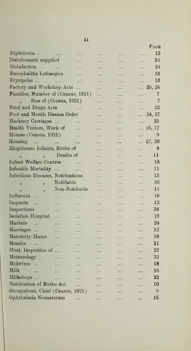 Page Diphtheria .. ... ... ... ... ... 13 Disinfectants supplied ... ... ... ... 24 Disinfection ... ... ... ... ... 24 Encephalitis Lethargica ... ... ... ... 13 Erysipelas ... ... ... ... ... ... 13 Factory and Workshop Acts ... ... ... ... 25, 26 Families, Number of fCensus, 1921) ... ... ... 7 „ Size of (Census, 1921) ... ... ... 7 Food and Drugs Acts ... ... ... ... 22 Foot and Mouth Disease Order ... ... ... 24, 37 Hackney Carriages ... ... ... ... ... 25 Health Visitors, Work of ... ... ... ... 16, 17 Houses (Census, 1921) ... ... ... ... 9 Housing ... ... ... ... ... ... 27, 28 Illegitimate Infants, Births of ... ... ... 9 „ „ Deaths of ... ... ... 11 Infant Welfare Centres ... ... ... ... 18 Infantile Mortality ... ... ... ... ... 11 Infectious Diseases, Notifications ... ... ... 13 „ „ Notifiable ... ... ... 30 ,, ,, Non-Notifiable ... ... ... 11 Influenza ... ... ... ... ... ... 16 Inquests ... ... ... ... ... ... 12 Inspections ... ... ... ... ... 36 Isolation Hospital ... ... ... ... ... 19 Markets ... ... ... ... ... ... 24 Marriages ... ... ... ... ... ... 12 Maternity Home ... ... ... ... ... 18 Measles ... ... ... ... ... ... 11 Meat, Inspection of ... ... ... ... ... 23 Meteorology ... ... .. ... ... 32 Midwives ... ... ... ... ... ... 18 Milk ... ... ... ... ... ... 18 Milkshops ... ... ... ... ... ... 22 Notification of Births Act ... ... ... ... 10 Occupations, Chief (Census, 1921) ... ... ... 8 Ophthalmia Neonatorum ... ... ... ... 16