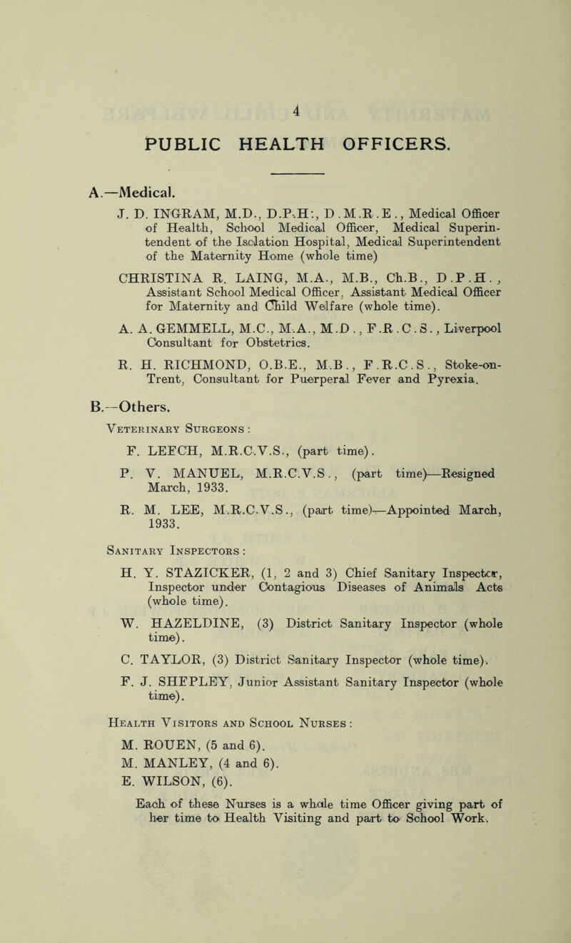 PUBLIC HEALTH OFFICERS. A.—Medical. J. D. INGRAM, M.D., D.P-.H‘., D.M.R.E., Medical Officer of Health, School Medical Officer, Medical Superin- tendent of the Isolation Hospital, Medical Superintendent of the Maternity Home (whole time) CHRISTINA R. LAING, M.A., M.B., Ch.B., D.P.H., Assistant School Medical Officer, Assistant Medical Officer for Maternity and Child Welfare (whole time). A. A. GEMMELL, M.C., M.A., M.D., F.R . C. 3., Liverpool Consultant for Obstetrics. R. H. RICHMOND, O.B.E., M.B., F.R.C.S., Stoke-on- Trent, Consultant for Puerperal Fever and Pyrexia. B.—Others. Veterinary Surgeons: F. LEECH, M.R.C.V.S., (part time). P. V. MANUEL, M.R.C.V.S., (part time)—Resigned March, 1933. R. M. LEE, M.R.C.V.S., (part time)—Appointed March, 1933. Sanitary Inspectors : H. Y. STAZICKER, (1, 2 and 3) Chief Sanitary Inspector, Inspector under Contagious Diseases of Animals Acts (whole time). W. HAZELDINE, (3) District Sanitary Inspector (whole time). C. TAYLOR, (3) District Sanitary Inspector (whole time). F. J. SHFPLEY, Junior Assistant Sanitary Inspector (whole time). Health Visitors and School Nurses: M. ROUEN, (5 and 6). M. MANLEY, (4 and 6). E. WILSON, (6). Each of these Nurses is a whale time Officer giving part of her time to Health Visiting and part to School Work.