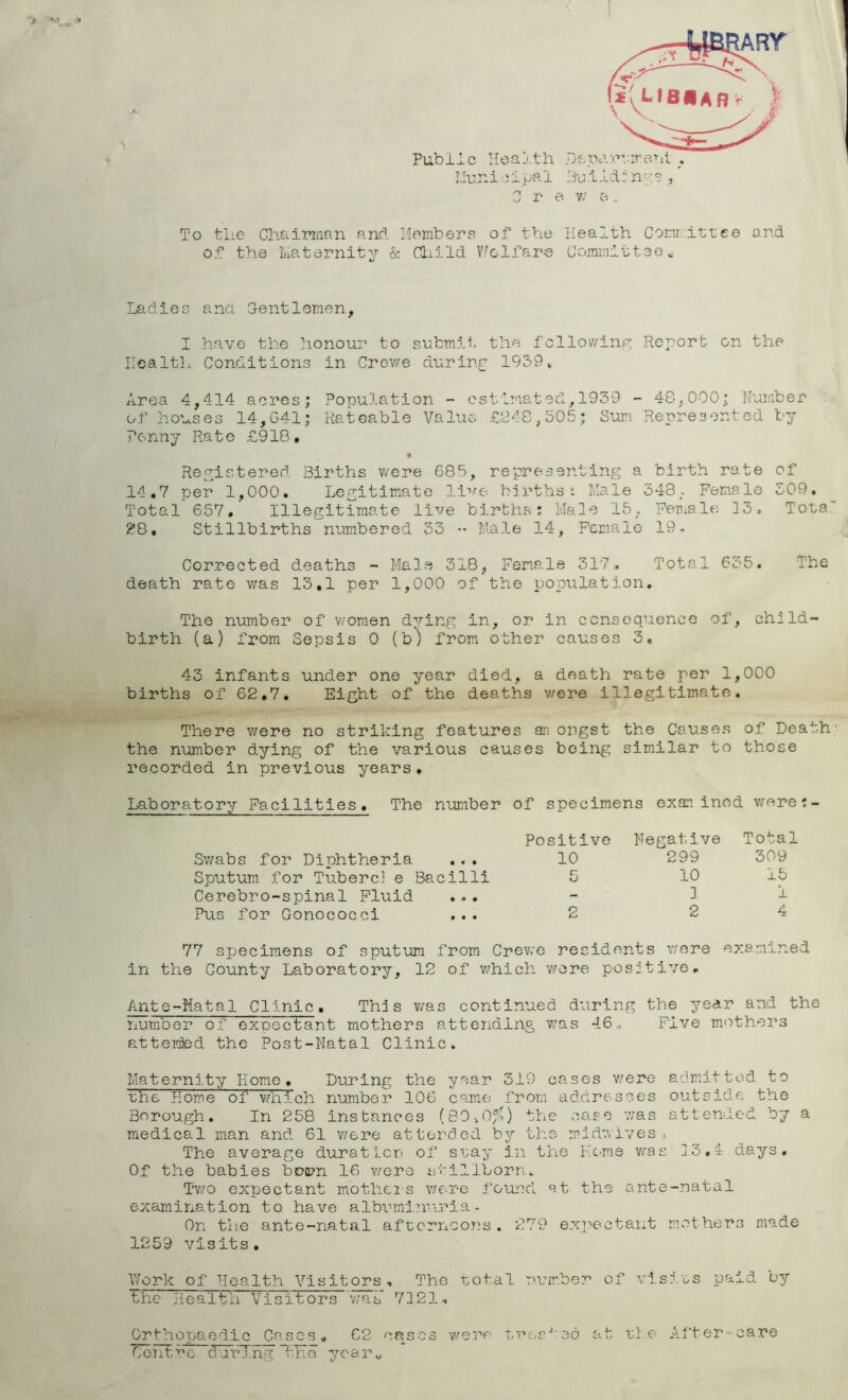 Public Health Hcparvire-nt , Llu.n i c i pa 1 3u i 1 d: n C’ 3 , 1 r- a v; a. To the Chairraan and Members of the Health Comr..ittee and of the Ma.t0rnity & Cliild V^clfar-e Committee« Ladies and Centlernen, I have the honour to submit the fcllowinp; Report on the Health Conditions in Crewe during 1939v Area 4,414 acres; Population - estimated,1939 - 48,000; Number of houses 14,041; Rateable Value £248,505; Sum Represented by Pcnny Rato £918, • Registered Births v^rere 685, representing a birth rate of 14,7 per 1,000. Legitimate live births; Male 343, Female 509, Total 657. Illegitimate live births; Male 15, Feriiale) ]3, Tota 28, Stillbirths numbered 33 •> Male 14, Female 19, Corrected deaths - Male 318, Female 317, Total 635. The death rate was 13,1 per 1,000 of the population. The number of v/omen dying in, or in consequence of, child- birth (a) from Sepsis 0 (bj from other causes 3, 43 infants under one year died, a death rate per 1,000 births of 62,7, Eight of the deaths were illegitimate. There were no striking features an ongst the Causes of Death the number dying of the various causes being similar to those recorded in previous years• Laboratory Facilities. The number of specimens exan ined were;- Swabs for Diphtheria Sputum for Tuberc] e Bacilli Cerebro-spinal Fluid Pus for Gonococci ... Positive Negative Total 10 299 309 5 10 15 1 1 2 2 4 77 specimens of sputum from Crew'e residents v/ere examined in the County Laboratory, 12 of which ware positive, Ante-Matal Clinic. This v/as continued during the year and the number of expectant mothers attending was 46„ Five mothers attested the Post-Natal Clinic, Materni.ty Eome , During the year 319 cases were adFiittod to the Home of which number 106 came from addresses outside the Borough. In 258 instances (80-,0^) the case '.vas attended by a medical man and 61 were atterded by the m.idwives = The average duratlcr of suay in the Heme was j3,i days. Of the babies boa?n 16 v/ere stillborn, Tv/o expectant motheis v/ere found at the ante-natal examination to have albuminuria. On the ante-natal afternoons. 279 expectant mothers made 1259 visits. Work of Health Visitors, The total number of visi.ts paid oy the Health Visitors was* 7i21, Orthopaedic Cases ^ 62 cases v/ere tt'c-c'reo at the After-care Cent r c' durTn^ T.ITe ye a r „