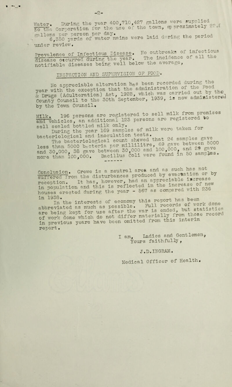 -2- Water. D-aring the year 400,710,427 gallons wore supolled F5~tK.o Corporation for the use of the town, sp proxlmately 2< „C . ^®^^°6%irya?S°o/water^mains were laid during the period under reviev/. Prevalence of Infeotious Disease,. No outbreaks of infectious diJeaFe otcurrod during the year. The inoidenoo of all notifialDle diseases being v/ell belov/ tlie average, INSPECTION AHD SUPERVISION OF FOOD. No appreciable alteration haS been year with the exception that the adminis ra i I Drugs (Adulteration) Act, 1928, which was carried ^ County cUncil to the 30th September, 1939, is now administered by the Town Council» Milk* 196 persons are registered to sell 'and~ehicles', an additional 123 persons are registered to sell sealed bottled milk only. -rn-p During the year 169 samples of milk were taken for bacteriological and inoculation tests. oaTnnlpq e-ave The bacteriological count shewed that 24 samples gS-V less ?han sIoS bnotfria per millilitre, 69 gave between 5000 and 30,000, 38 gave between 30,000 and 100,000, and “ S more than 100,000. Bacillus Coll were found in 50 samp]®s. Conclusion. Crewe is a neutral area and^as juch^^has^not suffered' from the disturbances produced by ^ recention. It has, however, had an appreciable in nomlation and this is reflected in the increase of n houses Srected during the year - 567 as compared nth 236 in 1938.^^^ interests of economy this report ^ . abbreviated as much as possible. Pull t'oeor ® statistics are being kept for use after the war is ®'i®^'hbose record of work done which do not 'iiff®i:“®terially from those reoor In previous years have been omitted from this interim report• I am. Ladies and Gentlemen, Yours faithfully, J.D.INGRAM. Medical Officer of Health*