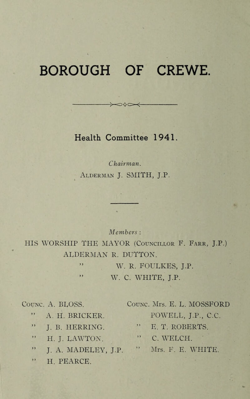 BOROUGH OF CREWE Health Committee 1941. Chairman. Alderman J. SMITH, J.P. Members : HIS WORSHIP TPIE MAYOR (Councillor F. Farr, J.P.) ALDFRMAN R. DUTTON. ” W. R. FOULKFS, J.P. ” W. C. WHITE, J.P. COUNC. A. BLOSS. ” A. H. BRICKER. ” J. B. HERRING. ” H. J. LAWTON. ” J. A. MADELEY, J.P. ” H. PEARCE. CouNC. Mrs. E. L. MOSSFORD POWELL, J.P., C.C. ” E. T. ROBERTS. ” C. WELCH. ” Mrs. F. E. WHITE,