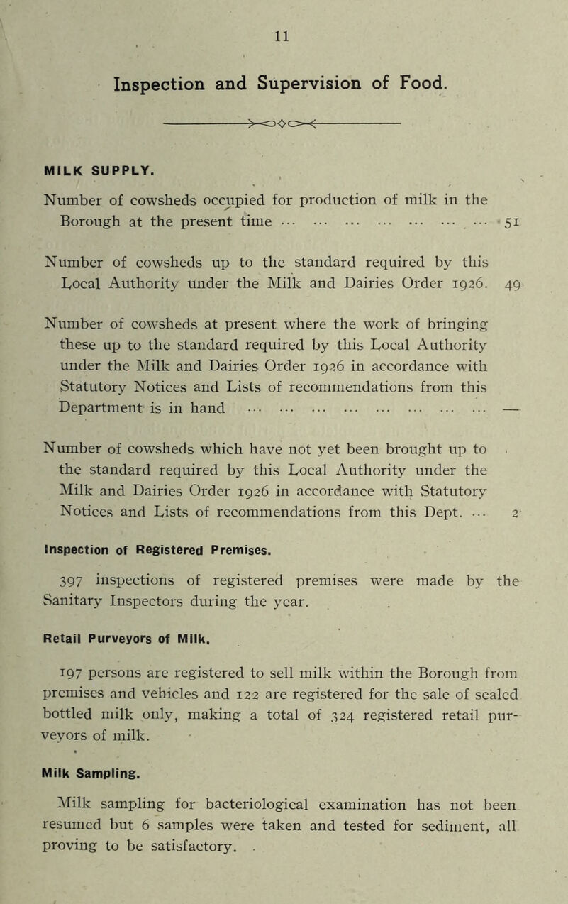 Inspection and Supervision of Food. MILK SUPPLY. Number of cowsheds occupied for production of milk in the Borough at the present time ... -51 Number of cowsheds up to the standard required by this Local Authority under the Milk and Dairies Order 1926. 49 Number of cowsheds at present where the work of bringing these up to the standard required by this Local Authority under the Milk and Dairies Order 1926 in accordance with Statutory Notices and Lists of recommendations from this Department is in hand — Number of cowsheds which have not yet been brought up to the standard required by this Local Authority under the Milk and Dairies Order 1926 in accordance with Statutory Notices and Lists of recommendations from this Dept. 2 Inspection of Registered Premises. 397 inspections of registered premises were made by the Sanitary Inspectors during the year. Retail Purveyors of Milk. 197 persons are registered to sell milk within the Borough from premises and vehicles and 122 are registered for the sale of sealed bottled milk only, making a total of 324 registered retail pur- veyors of milk. Milk Sampling. Milk sampling for bacteriological examination has not been resumed but 6 samples were taken and tested for sediment, all proving to be satisfactory.