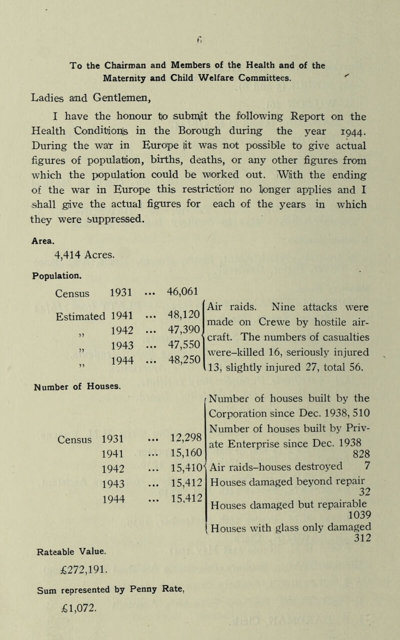 To the Chairman and Members of the Health and of the Maternity and Child Welfare Committees. '' Ladies send Gentlemen, I have the honour to subrajit the following Report on the Health Conditions in the Borough dming the year 1944. During the war in Kurope lit was not possible to give actual figures of population, births, deaths, or any other figures from which the population could be worked out. With the ending of the war in Europe this restriction no longer applies and I shall give the actual figures for each of the years in which they were suppressed. Area. 4,414 Acres. Population. Census 1931 ... 46,061 Estimated 1941 ... 48,120 1942 ... 47,390 n 1943 ... 47,550 1944 ... 48,250 Air raids. Nine attacks were made on Crewe by hostile air- craft. The numbers of casualties were-killed 16, seriously injured 13, slightly injured 27, total 56. Number of Houses. Census 1931 ... 12,298 1941 ... 15,160 1942 ... 15,410- 1943 ... 15,412 1944 ... 15,412 Rateable Value. £272,191. Sum represented by Penny Rate, £1,072. Number of houses built by the Corporation since Dec. 1938, 510 Number of houses built by Priv- ate Enterprise since Dec. 1938 828 Air raids-houses destroyed 7 Houses damaged beyond repair 32 Houses damaged but repairable 1039 Houses with glass only damaged 312