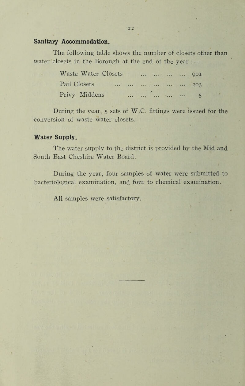 Sanitary Accommodation. The following table shows the number of closets other than water closets in the Borough at the end of the year : — Waste Water Closets Pail Closets Privy Middens 901 203 5 During the year, 5 sets of W.C. fittings were issued for the conversion of waste water closets. Water Supply. The water supply to the district is provided by the Mid and South East Cheshire Water Board. During the year, four samples of water were submitted to bacteriological examination, and four to chemical examination. All samples were satisfactory.