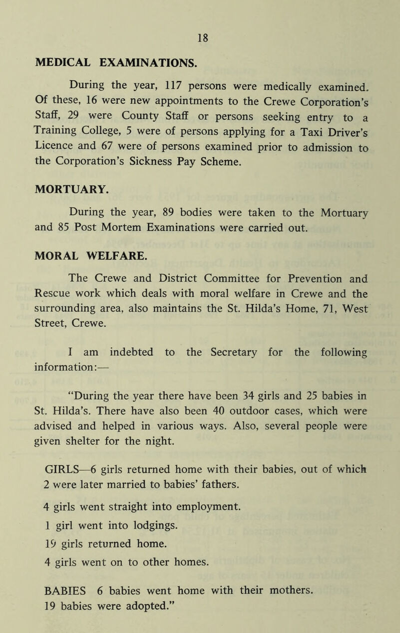 MEDICAL EXAMINATIONS. During the year, 117 persons were medically examined. Of these, 16 were new appointments to the Crewe Corporation’s Staff, 29 were County Staff or persons seeking entry to a Training College, 5 were of persons applying for a Taxi Driver’s Licence and 67 were of persons examined prior to admission to the Corporation’s Sickness Pay Scheme. MORTUARY. During the year, 89 bodies were taken to the Mortuary and 85 Post Mortem Examinations were carried out. MORAL WELFARE. The Crewe and District Committee for Prevention and Rescue work which deals with moral welfare in Crewe and the surrounding area, also maintains the St. Hilda’s Home, 71, West Street, Crewe. I am indebted to the Secretary for the following information:— “During the year there have been 34 girls and 25 babies in St. Hilda’s. There have also been 40 outdoor cases, which were advised and helped in various ways. Also, several people were given shelter for the night. GIRLS—6 girls returned home with their babies, out of which 2 were later married to babies’ fathers. 4 girls went straight into employment. 1 girl went into lodgings. 19 girls returned home. 4 girls went on to other homes. BABIES 6 babies went home with their mothers. 19 babies were adopted.”