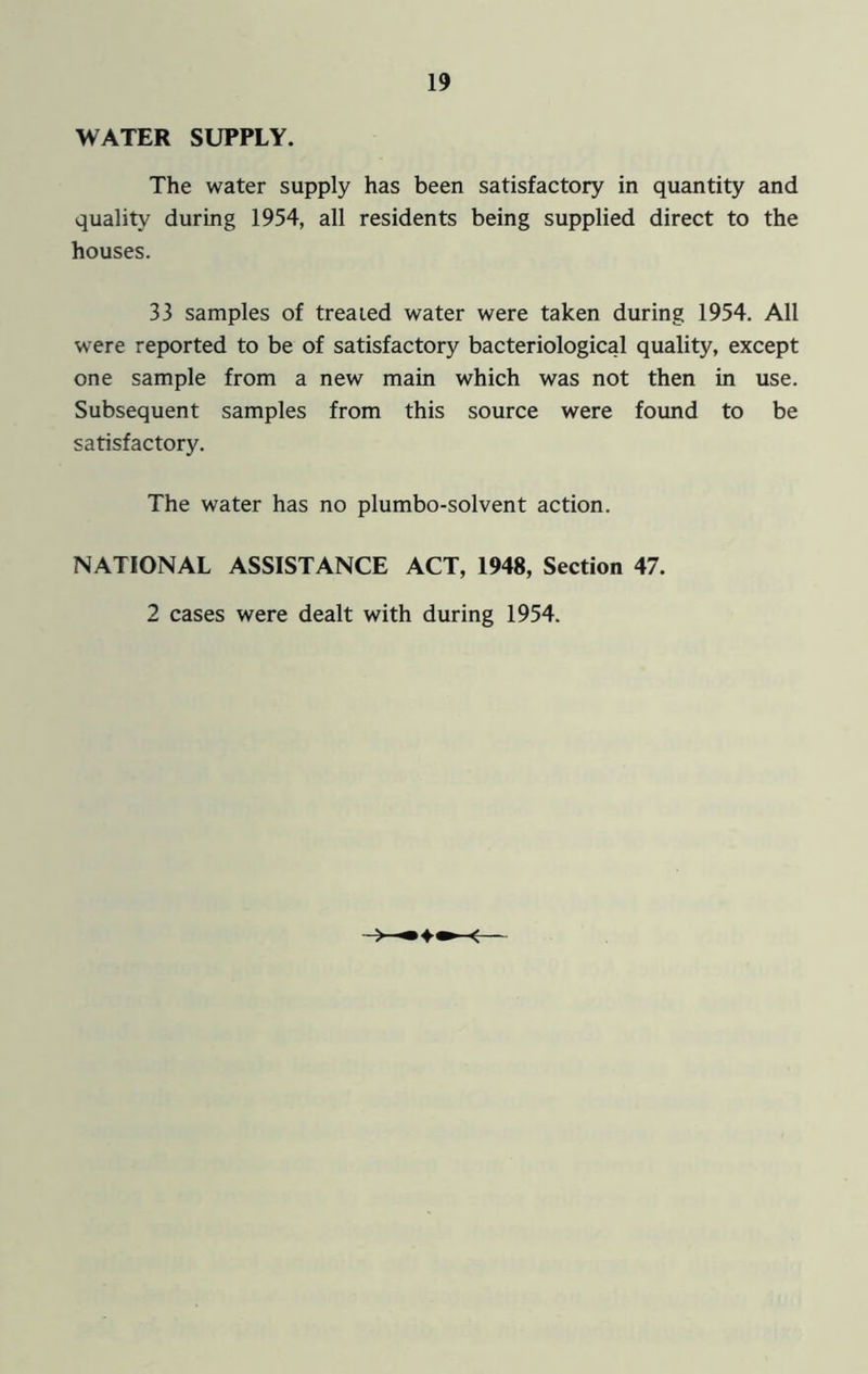 WATER SUPPLY. The water supply has been satisfactory in quantity and quality during 1954, all residents being supplied direct to the houses. 33 samples of treated water were taken during 1954. All were reported to be of satisfactory bacteriological quality, except one sample from a new main which was not then in use. Subsequent samples from this source were found to be satisfactory. The water has no plumbo-solvent action. NATIONAL ASSISTANCE ACT, 1948, Section 47. 2 cases were dealt with during 1954.