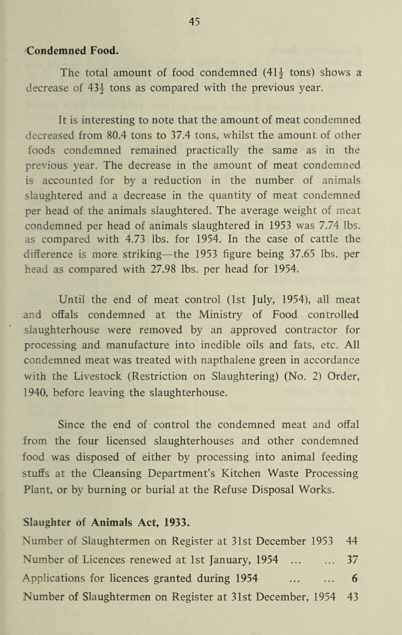 Condemned Food. The total amount of food condemned (41| tons) shows a decrease of 43^ tons as compared with the previous year. It is interesting to note that the amount of meat condemned decreased from 80.4 tons to 37.4 tons, whilst the amount of other foods condemned remained practically the same as in the previous year. The decrease in the amount of meat condemned is accounted for by a reduction in the number of animals slaughtered and a decrease in the quantity of meat condemned per head of the animals slaughtered. The average weight of meat condemned per head of animals slaughtered in 1953 was 7.74 lbs. as compared with 4.73 lbs. for 1954. In the case of cattle the difference is more striking—the 1953 figure being 37.65 lbs. per head as compared with 27.98 lbs. per head for 1954. Until the end of meat control (1st July, 1954), all meat and offals condemned at the Ministry of Food controlled slaughterhouse were removed by an approved contractor for processing and manufacture into inedible oils and fats, etc. All condemned meat was treated with napthalene green in accordance with the Livestock (Restriction on Slaughtering) (No. 2) Order, 1940, before leaving the slaughterhouse. Since the end of control the condemned meat and offal from the four licensed slaughterhouses and other condemned food was disposed of either by processing into animal feeding stuffs at the Cleansing Department’s Kitchen Waste Processing Plant, or by burning or burial at the Refuse Disposal Works. Slaughter of Animals Act, 1933. Number of Slaughtermen on Register at 31st December 1953 44 Number of Licences renewed at 1st January, 1954 37 Applications for licences granted during 1954 6 Number of Slaughtermen on Register at 31st December, 1954 43