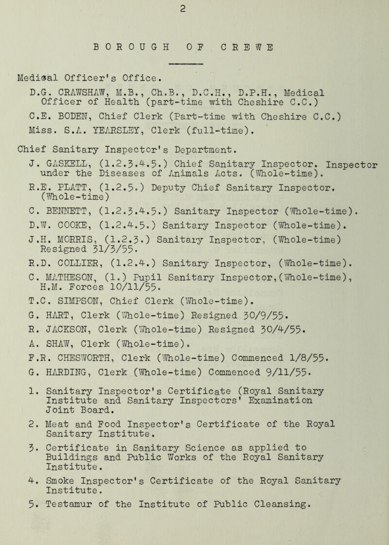 BOROUGH OF CREWE Medisal Officer’s Office. D.G. CRAWSHAW, M.B., Ch.B,, D.C.H., D.P.H., Medical Officer of Health (part-time with Cheshire C.C.) C.E, BODEN, Chief Clerk (Part-time with Cheshire C.C.) Miss. S.A. YE/lRSLEY, Clerk (full-time). Chief Sanitary Inspector's Department. J. GASKELL, (1.2.3.A.5.) Chief Sanitary Inspector. Inspector under the Diseases of /mimals Acts. (Whole-time), R.E. PLATT, (1.2.5.) Deputy Chief Sanitary Inspector. (^]^/h ole-time) C. BENHETT, (1.2.3.A.5.) Sanitary Inspector (IWiole-time). D. W. COOKE, (1.2.A,5.) Sanitary Inspector (VWiole-time). J.H. MORRIS, (1.2.3.) Sanitary Inspector, (Whole-time) Resigned 51/5/55. R.D. COLLIER, (1.2.A.) Sanitary Inspector, (Vi/hole-time). C. MATHESOH, (1.) Pupil Sanitary Inspector, ('ii/hole-time), H.M. Forces 10/11/55. T.C. SIMPSON, Chief Clerk (\Wiole-time). G. H/iRT, Clerk (Whole-time) Resigned 30/9/55. R. JACKSON, Clerk (^Whole-time) Resigned 30/A/55. A. SHAW, Clerk (^Whole-time). F. R. CHESWORTH, Clerk (WJhole-time) Commenced 1/8/55. G. HARDING, Clerk (Whole-time) Commenced 9/11/55. 1. Sanitary Inspector's Certificate (Royal Sanitary Institute and Sanitary Inspectors' Examination Joint Board. 2. Meat and Food Inspector's Certificate of the Royal Sanitary Institute. 3. Certificate in Sanitary Science as applied to Buildings and Puhlic Works of the Royal Sanitary Institute. A. Smoke Inspector's Certificate of the Royal Sanitary Institute. 5. Testamur of the Institute of Public Cleansing,