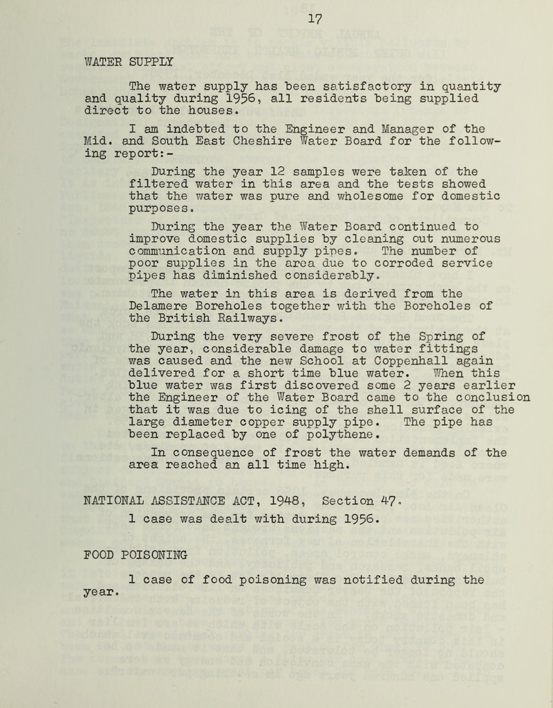 WATER SUPPLY The water supply has heen satisfactory in quantity and quality during 195^, all residents being supplied direct to the houses. I am indebted to the Engineer and Manager of the Mid. and South East Cheshire Water Board for the follow- ing report During the year 12 samples were taken of the filtered water in this area and the tests showed that the water was pure and wholesome for domestic purposes. During the year the Water Board continued to improve domestic supplies by cleaning out numerous communication and supply pipes. The number of poor supplies in the area due to corroded service pipes has diminished considerably. The water in this area is derived from the Delamere Boreholes together with the Boreholes of the British Railways. During the very severe frost of the Spring of the year, considerable damage to water fittings was caused and the new School at Coppenhall again delivered for a short time blue water. V/hen this blue water was first discovered some 2 years earlier the Engineer of the Water Board came to the conclusion that it was due to icing of the shell surface of the large diameter copper supply pipe. The pipe has been replaced by one of polythene. In consequence of frost the water demands of the area reached an all time high. RATIOHAL ASSISTANCE ACT, 1948, Section 47« 1 case was dealt with during 1956. FOOD POISONING 1 case of food poisoning was notified during the year.