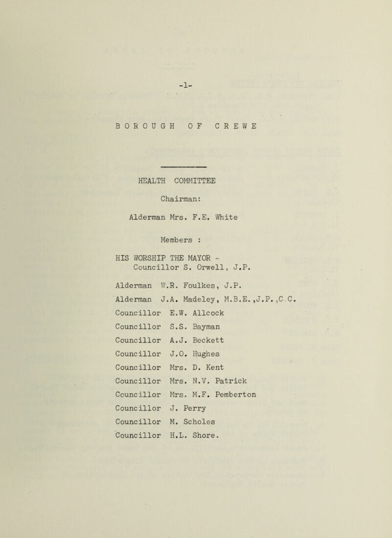 -1- BOROUGH OF CREWE HEALTH COMMITTEE Chairman: Alderman Mrs. F.E. White Members : HIS WORSHIP THE MAYOR - Councillor S. Orwell, J.P. Alderman W.R. Foulkes, J.P. Alderman J.A. Madeley, M.B.E.,J.P.,C C. Councillor E.W. Allcock Councillor s. s. Bayman Councillor A. J. Beckett Councillor J.O. Hughes Councillor Mrs. D. Kent Councillor Mrs. N.V. Patrick Councillor Mrs. M.F. Pemberton Councillor J. Perry Councillor M. Scholes Councillor H.L. Shore.