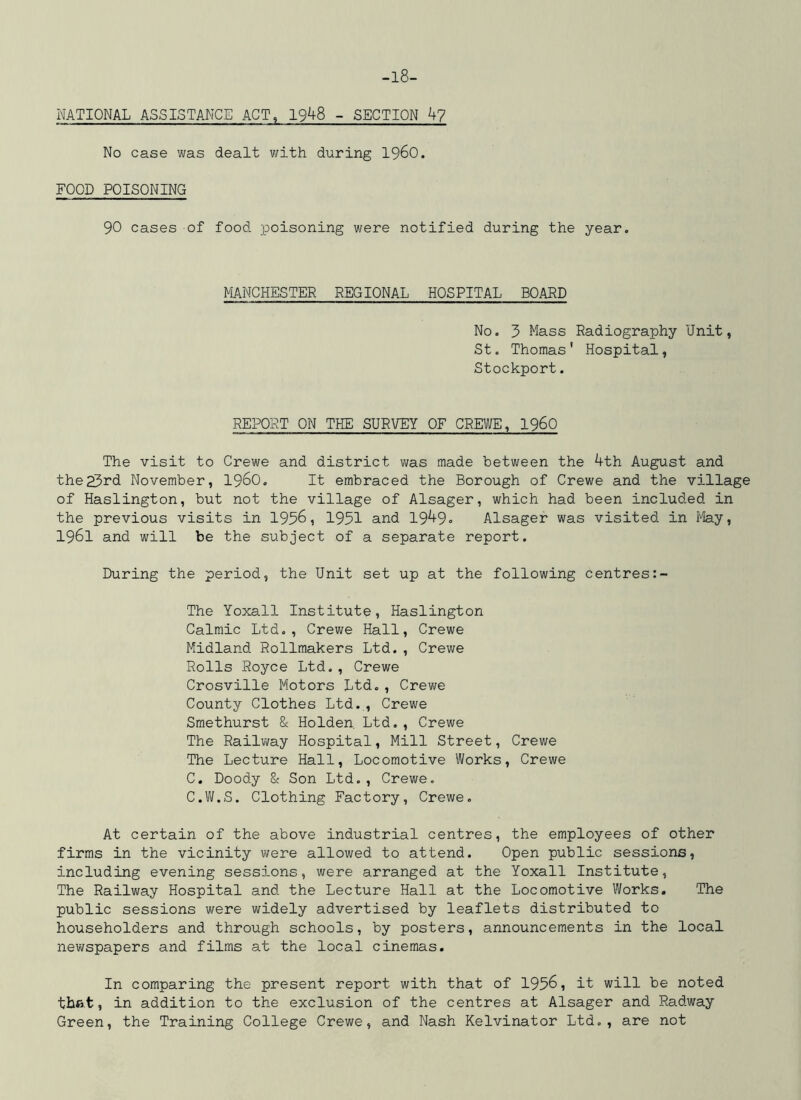 -18- MTIONAL ASSISTANCE ACT, 1948 - SECTION k? No case was dealt with during i960. FOOD POISONING 90 cases of food poisoning were notified during the year. MANCHESTER REGIONAL HOSPITAL BOARD No. 3 Mass Radiography Unit, St. Thomas’ Hospital, Stockport. REPORT ON THE SURVEY OF CREV/E, I960 The visit to Crewe and district was made between the 4th August and the23rd November, I96O. It embraced the Borough of Crewe and the village of Haslington, but not the village of Alsager, which had been included in the previous visits in 1936, 1951 and 1949o Alsager was visited in i'fe.y, 1961 and will be the subject of a separate report. During the period, the Unit set up at the following centres:- The Yoxall Institute, Haslington Calraic Ltd., Crewe Hall, Crewe Midland Rollmakers Ltd., Crewe Rolls Royce Ltd., Crewe Crosville Motors Ltd., Crewe County Clothes Ltd., Crewe Smethurst & Holden, Ltd, , Crewe The Railway Hospital, Mill Street, Crewe The Lecture Hall, Locomotive Works, Crewe C. Doody & Son Ltd., Crewe. C.W.S. Clothing Factory, Crewe. At certain of the above industrial centres, the employees of other firms in the vicinity were allowed to attend. Open public sessions, including evening sessions, were arranged at the Yoxall Institute, The Railway Hospital and the Lecture Hall at the Locomotive Works. The public sessions were widely advertised by leaflets distributed to householders and through schools, by posters, announcements in the local newspapers and films at the local cinemas. In comparing the present report with that of 1956, it will be noted that, in addition to the exclusion of the centres at Alsager and Radway Green, the Training College Crewe, and Nash Kelvinator Ltd,, are not