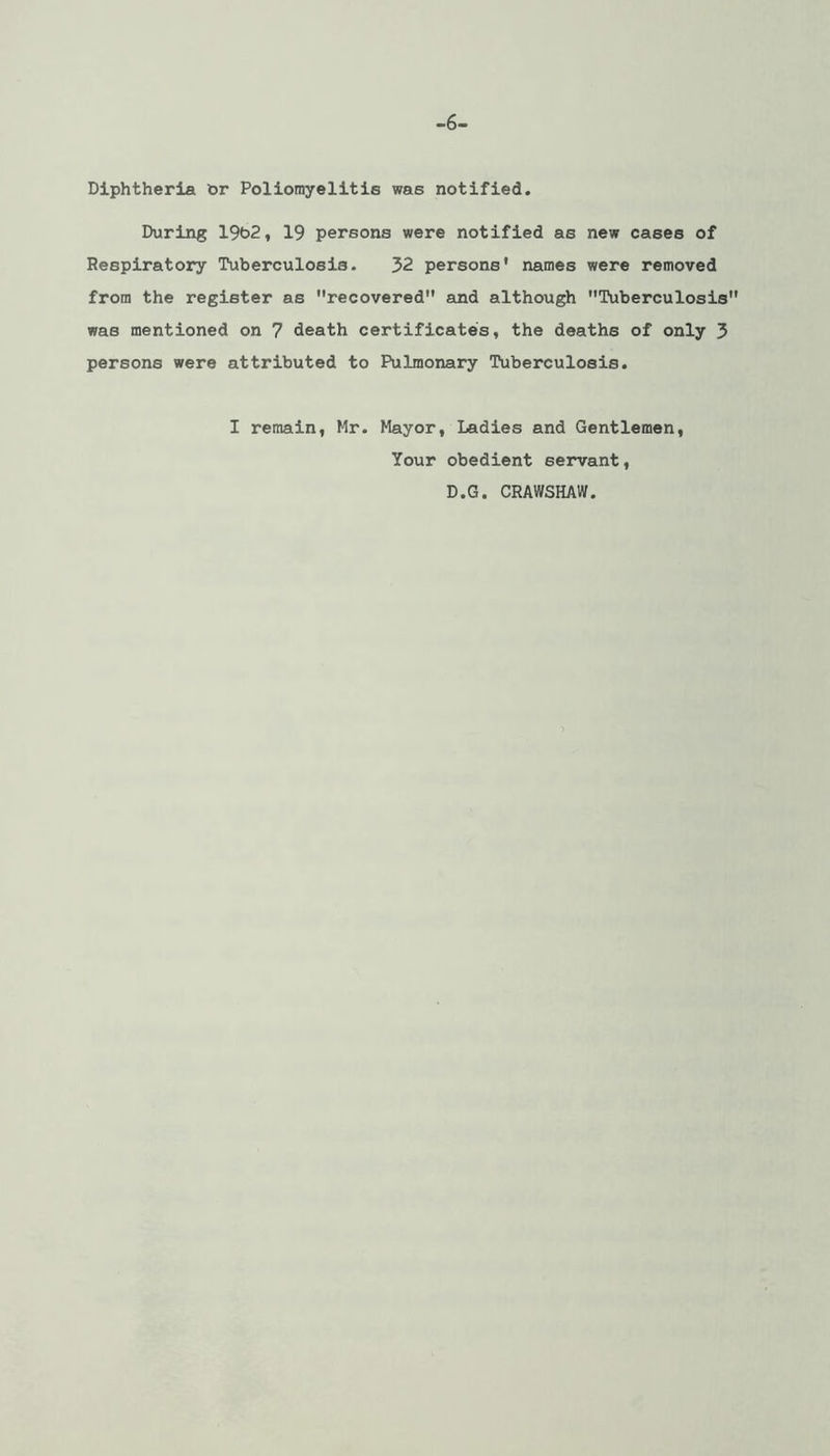 -6- Diphtheria tor Poliomyelitis was notified. During 19t>2, 19 persons were notified as new cases of Respiratory Tuberculosis. 32 persons* names were removed from the register as recovered and although Tuberculosis was mentioned on 7 death certificates, the deaths of only 3 persons were attributed to Pulmonary Tuberculosis. I remain, Mr. Mayor, Ladies and Gentlemen, Your obedient servant, D.G. CRAWSHAW.