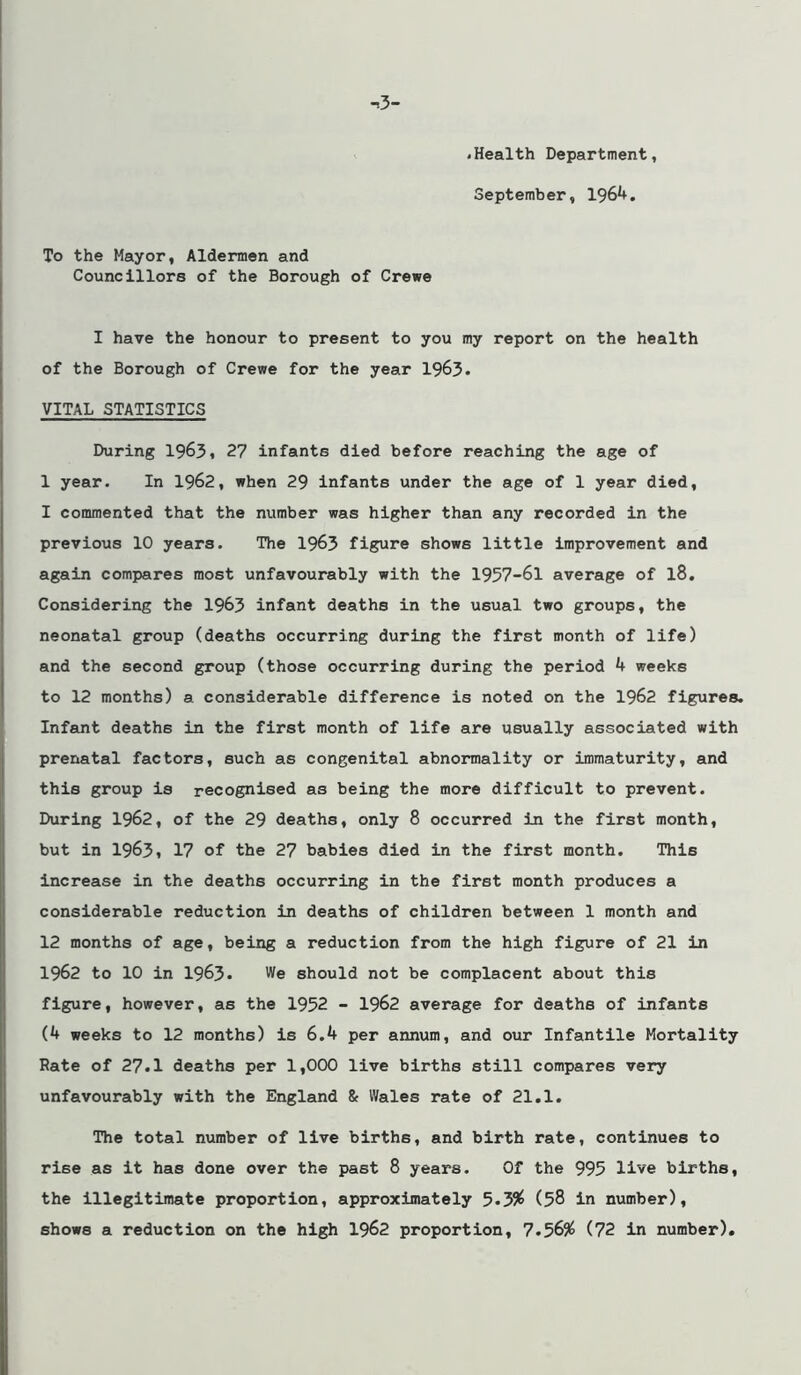 ^3- «Health Department, September, 1964. To the Mayor, Aldermen and Councillors of the Borough of Crewe I have the honour to present to you my report on the health of the Borough of Crewe for the year 1963. VITAL STATISTICS During 1963, 27 infants died before reaching the age of 1 year. In 1962, when 29 infante under the age of 1 year died, I commented that the number was higher than any recorded in the previous 10 years. The 1963 figure shows little improvement and again compares most unfavourably with the 1957-61 average of l8. Considering the 1963 infant deaths in the usual two groups, the neonatal group (deaths occurring during the first month of life) and the second group (those occurring during the period 4 weeks to 12 months) a considerable difference is noted on the 1962 figures. Infant deaths in the first month of life are usually associated with prenatal factors, such as congenital abnormality or immaturity, and this group is recognised as being the more difficult to prevent. During 1962, of the 29 deaths, only 8 occurred in the first month, but in 1963, 17 of the 27 babies died in the first month. This increase in the deaths occurring in the first month produces a considerable reduction in deaths of children between 1 month and 12 months of age, being a reduction from the high figure of 21 in 1962 to 10 in 1963. We should not be complacent about this figure, however, as the 1952 - 1962 average for deaths of infants (4 weeks to 12 months) is 6.4 per annum, and our Infantile Mortality Rate of 27.1 deaths per 1,000 live births still compares very unfavourably with the England & Wales rate of 21.1. The total number of live births, and birth rate, continues to rise as it has done over the past 8 years. Of the 995 live births, the illegitimate proportion, approximately 5.39^ (58 in number), shows a reduction on the high 1962 proportion, 7.565^ (72 in number).