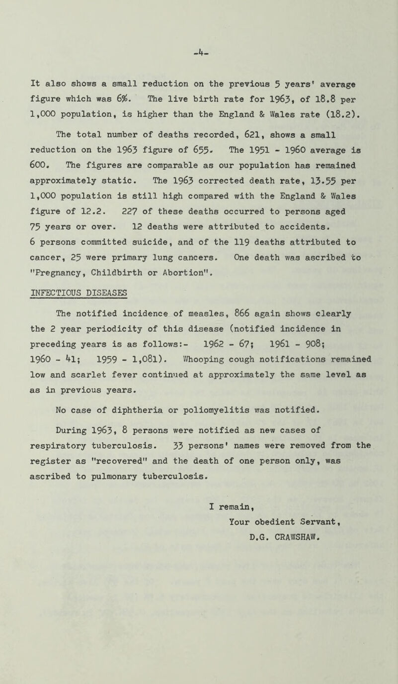 -4- It also shows a small reduction on the previous 5 years' average figure which was 6%. The live birth rate for 1963» of l8.8 per 1,000 population, is higher than the England & Wales rate (l8.2). The total number of deaths recorded, 621, shows a small reduction on the 1965 figure of 655* The 1951 - I960 average is 600. The figures are comparable as our population has remained approximately static. The 1963 corrected death rate, 13.55 per 1,000 population is still high compared with the England & Wales figure of 12.2. 227 of these deaths occurred to persons aged 75 years or over. 12 deaths were attributed to accidents. 6 persons committed suicide, and of the 119 deaths attributed to cancer, 25 were primary lung cancers. One death was ascribed to Pregnancy, Childbirth or Abortion. INFECTIOUS DISEASES The notified incidence of measles, 866 again shows clearly the 2 year periodicity of this disease (notified incidence in preceding years is as follows:- 1962 - 67; 1961 - 908; i960 - 4l; 1959 - 1,081). Vrtiooping cough notifications remained low and scarlet fever continued at approximately the same level as as in previous years. No case of diphtheria or poliomyelitis was notified. During 1965* 8 persons were notified as new cases of respiratory tuberculosis. 33 persons' names were removed from the register as recovered and the death of one person only, was ascribed to pulmonary tuberculosis. I remain. Your obedient Servant D.G. CRAWSHAW.