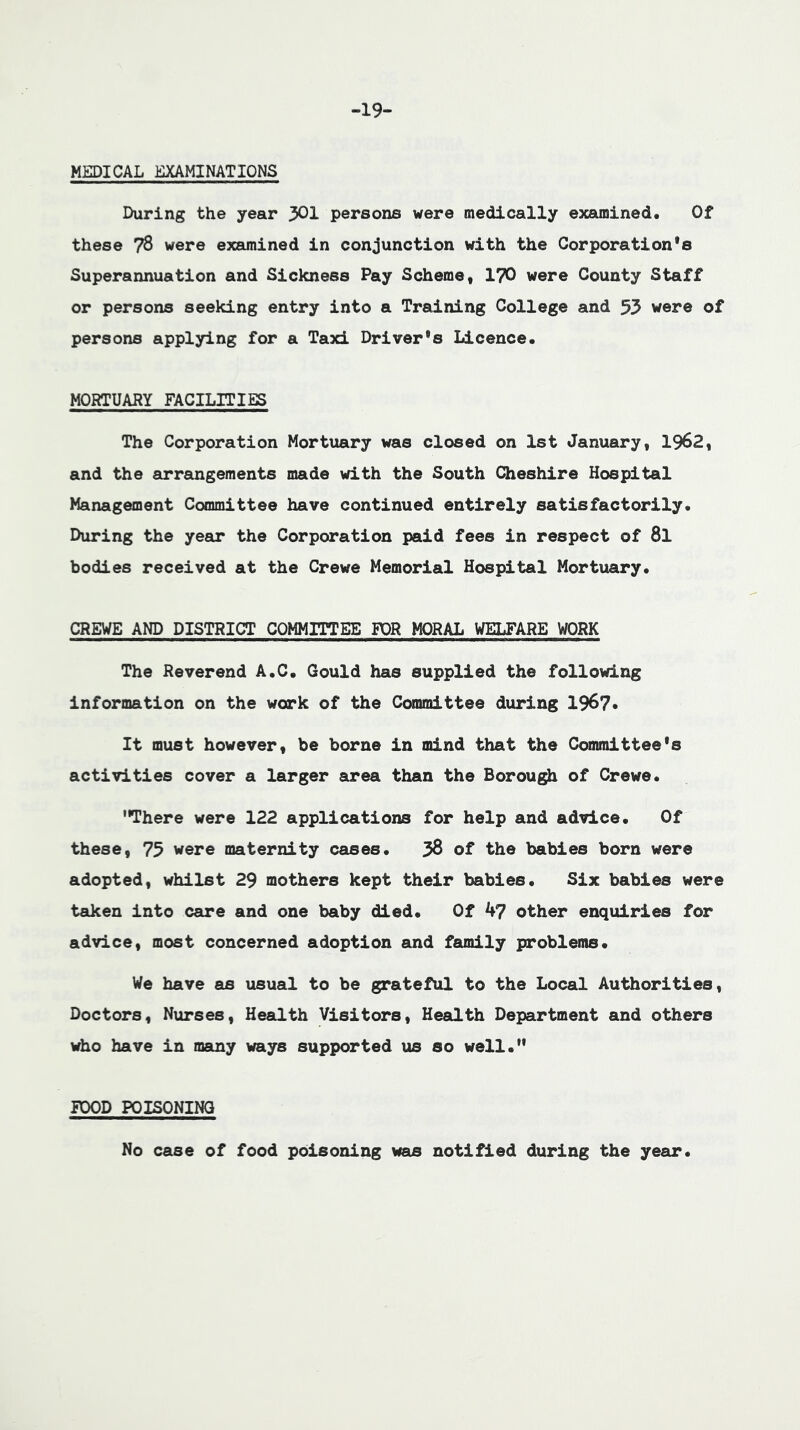 -19- MEDICAL EXAMINATIONS During the year 301 persons were medically examined. Of these 78 were examined in conjunction with the Corporation's Superannuation and Sickness Pay Scheme, I7O were County Staff or persons seeking entry into a Training College and 53 were of persons applying for a Taxi Driver's Licence. MORTUARY FACILITIES The Corporation Mortuary was closed on 1st January, 1962, and the arrangements made with the South Cheshire Hospital Management Committee have continued entirely satisfactorily. During the year the Corporation paid fees in respect of 8l bodies received at the Crewe Memorial Hospital Mortuary. CREWE AND DISTRICT COMMITTEE FOR MORAL WELFARE WORK The Reverend A.C. Gould has supplied the following information on the work of the Committee during 196?. It must however, be borne in mind that the Committee's activities cover a larger area, than the Borou^ of Crewe. There were 122 applications for help and advice. Of these, 75 were maternity cases. 38 of the babies born were adopted, whilst 29 mothers kept their babies. Six babies were taken into care and one baby died. Of ^7 other enquiries for advice, most concerned adoption and family problems. We have as usual to be grateful to the Local Authorities, Doctors, Nurses, Health Visitors, Health Department and others who have in many ways supported us so well. FOOD POISONING No case of food poisoning was notified during the year.